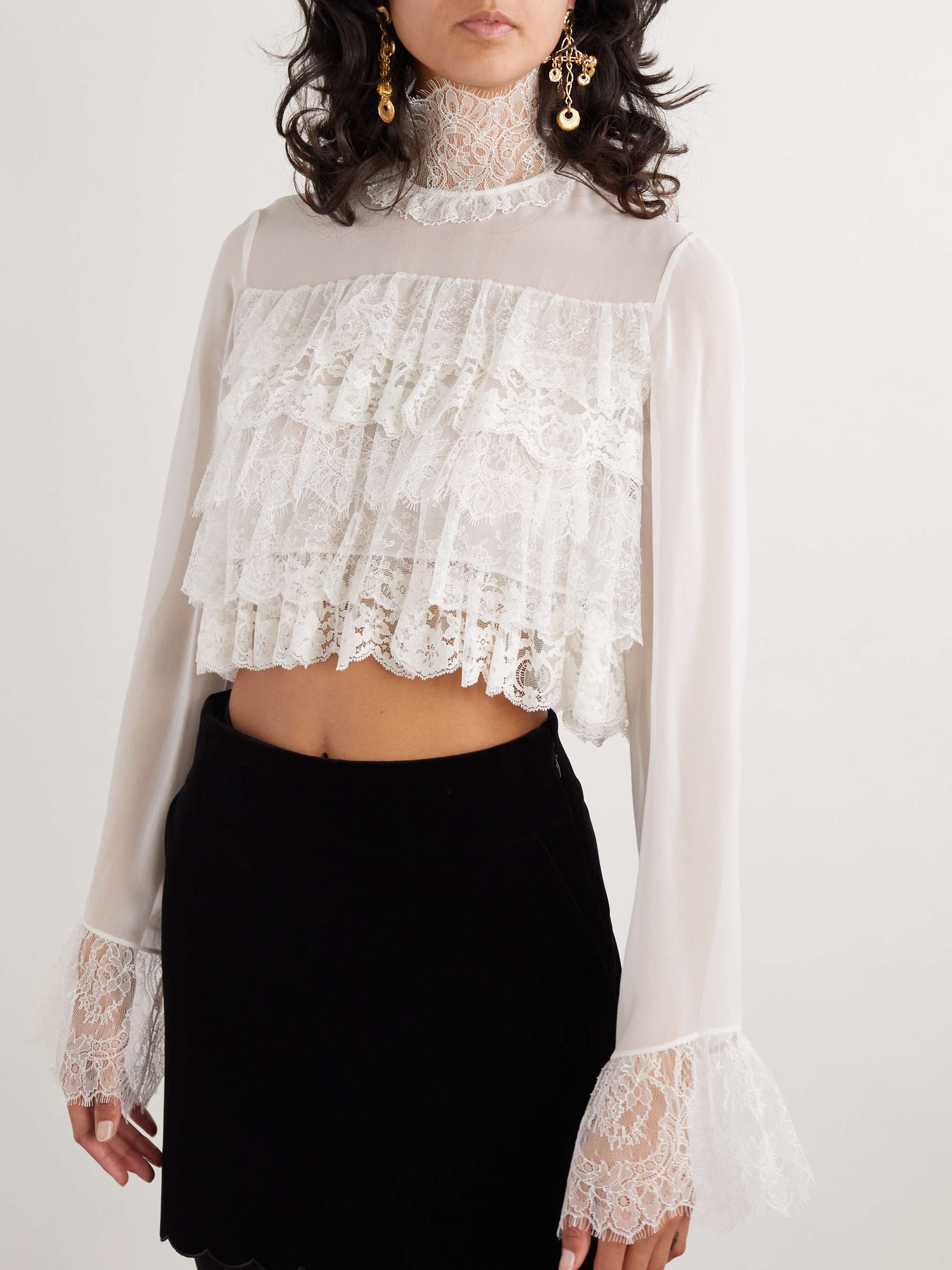 Tiered lace-trimmed silk-chiffon blouse view