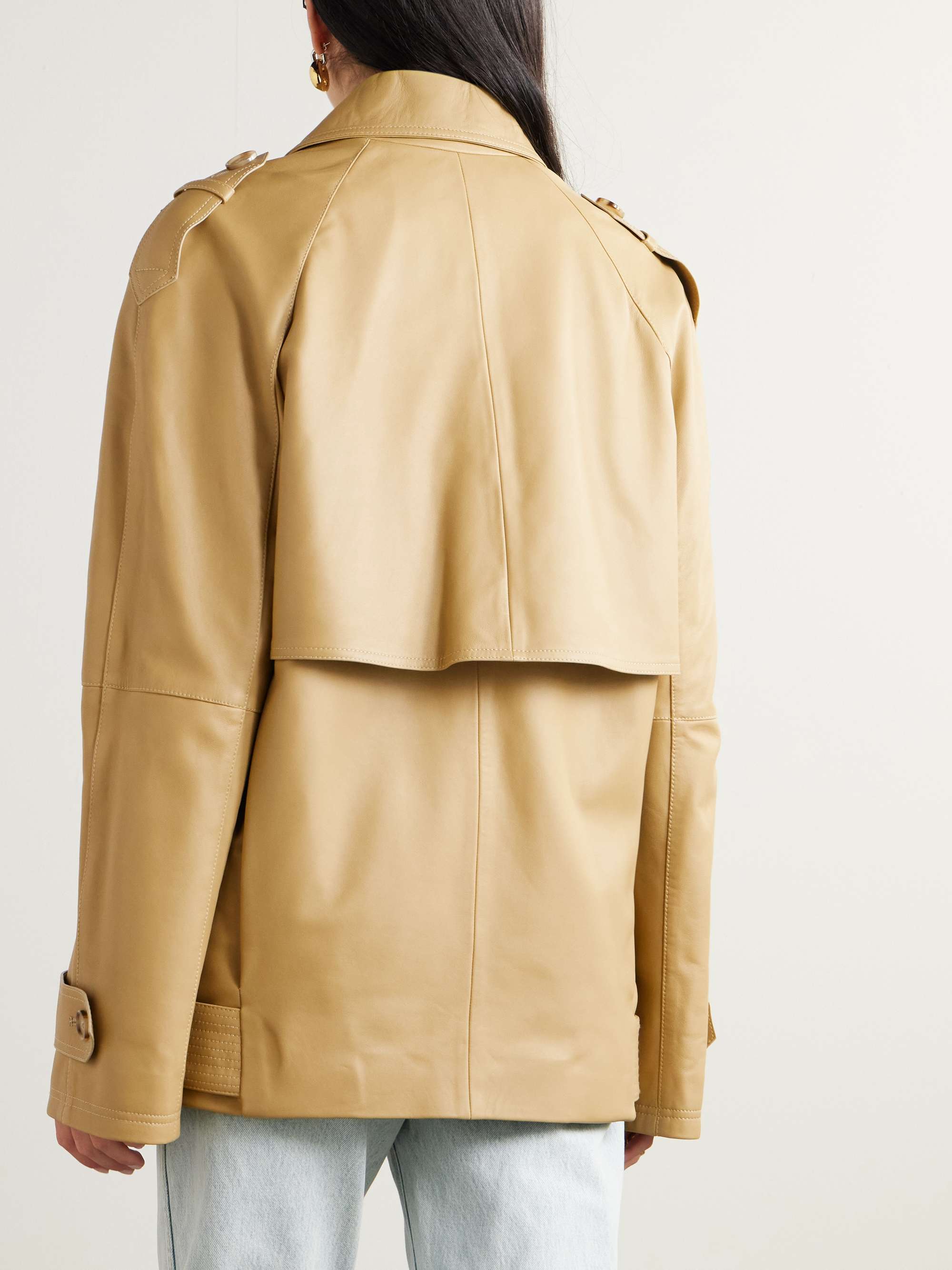 Double-breasted belted layered leather jacket view