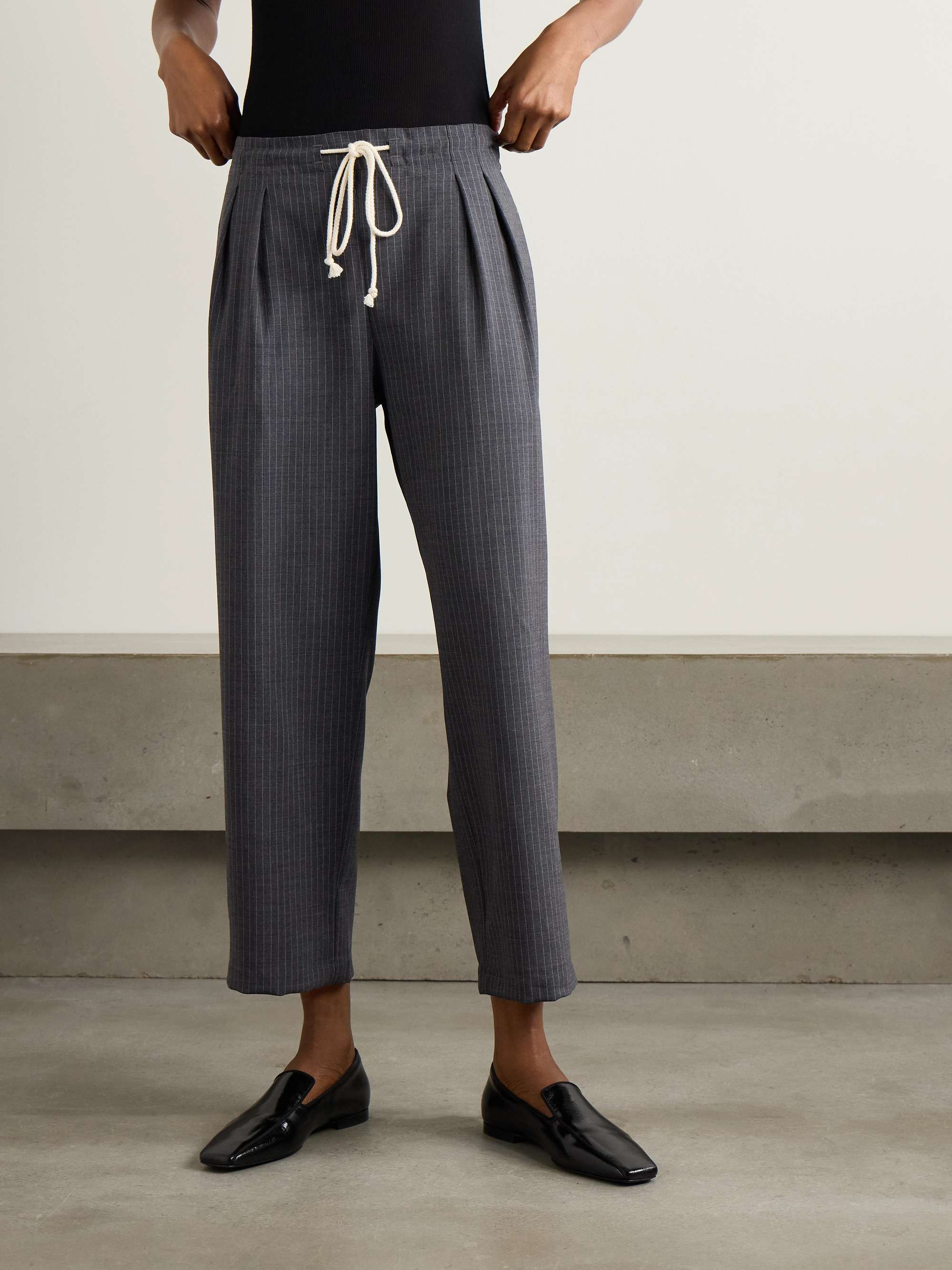Cosy pinstriped pleated wool-blend flannel wide-leg pants view