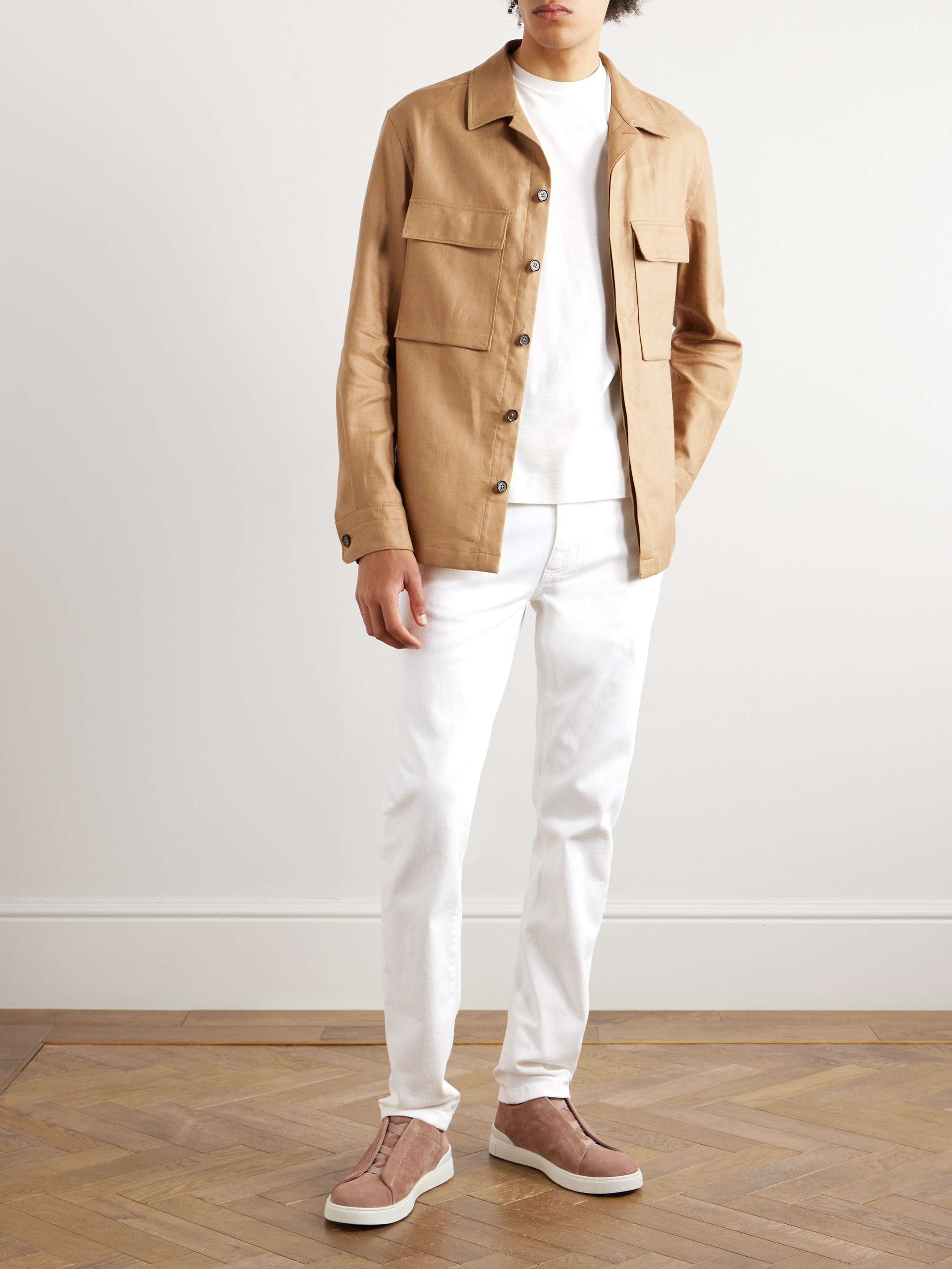 Leather-Trimmed Straight-Leg Jeans view