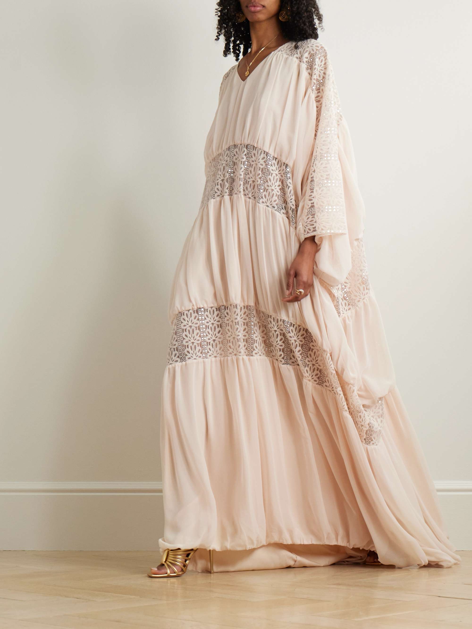 Draped georgette and lace gown view