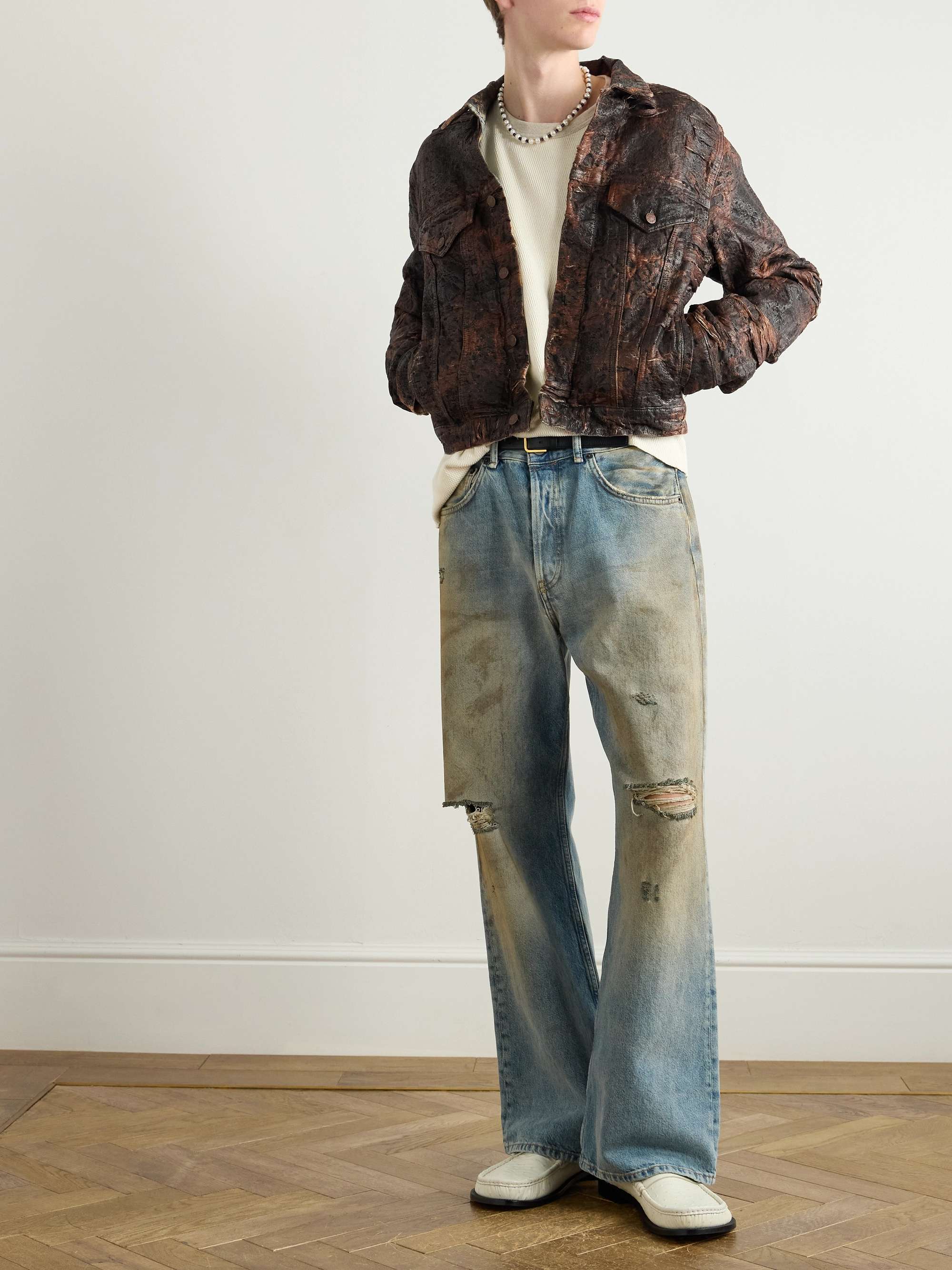 Oraya Slim-Fit Cropped Distressed Coated-Denim Jacket view