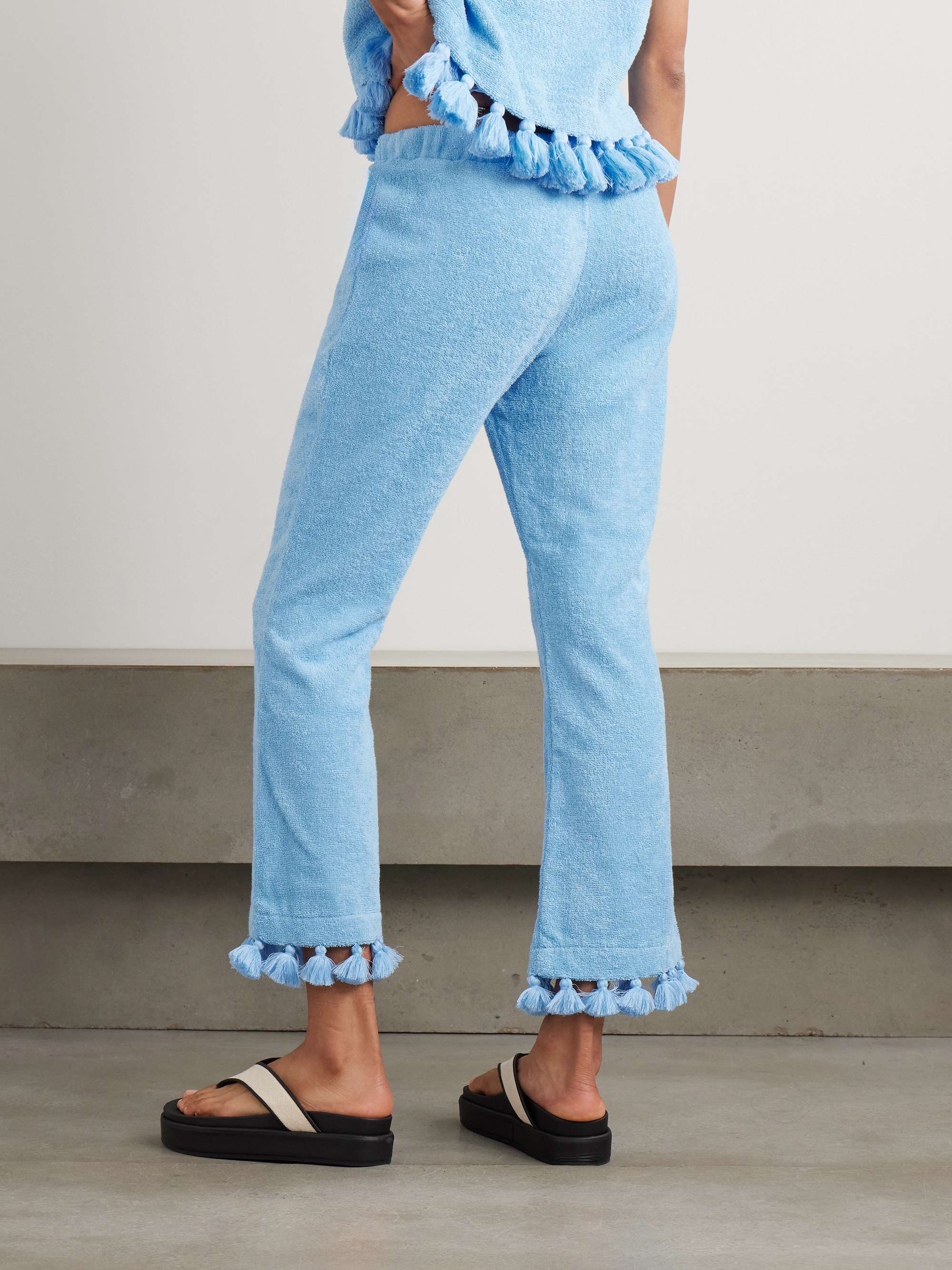 Cropped flared tasseled cotton-terry pants view