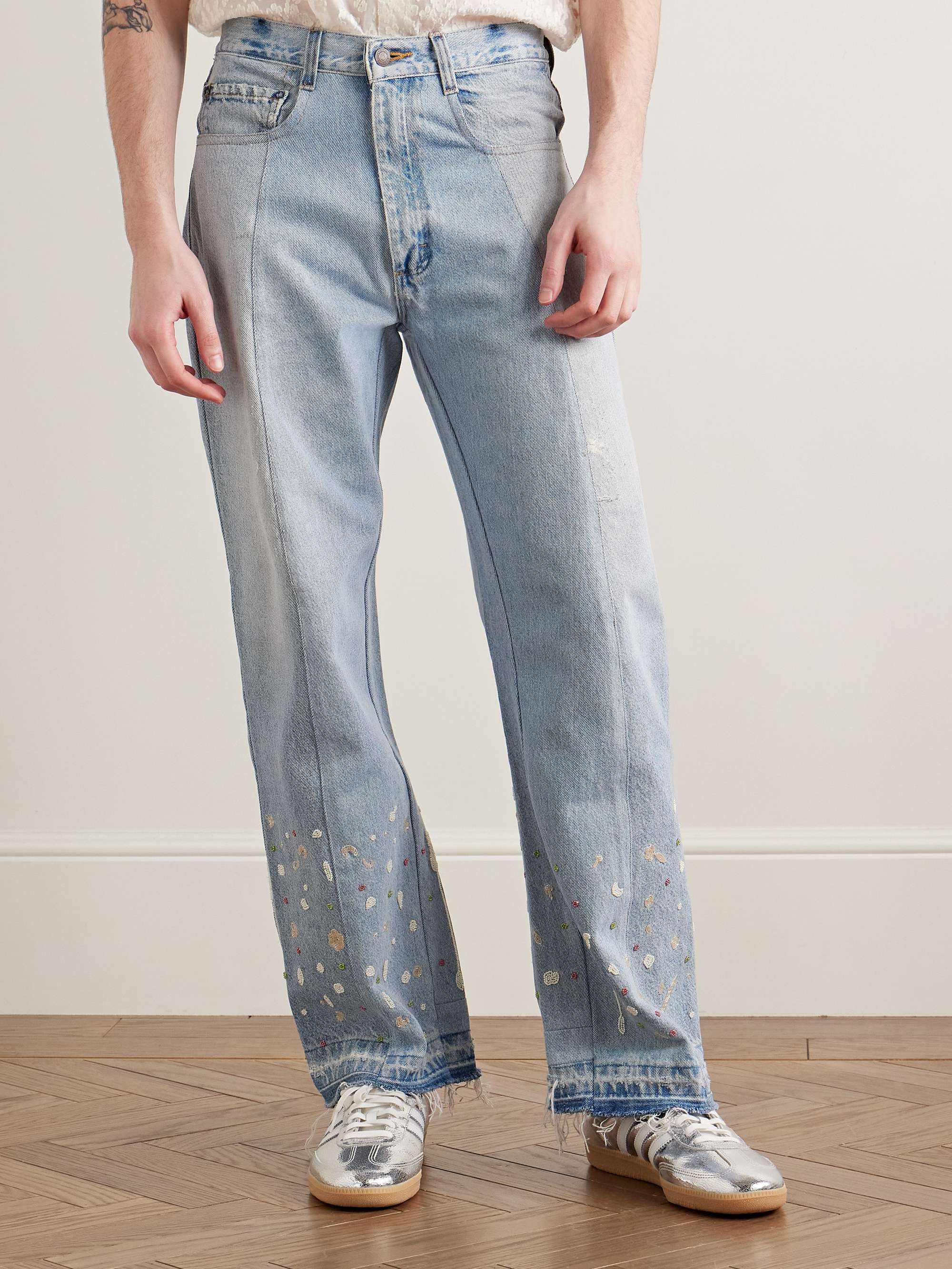 Straight-Leg Upcycled Frayed Embellished Panelled Jeans view