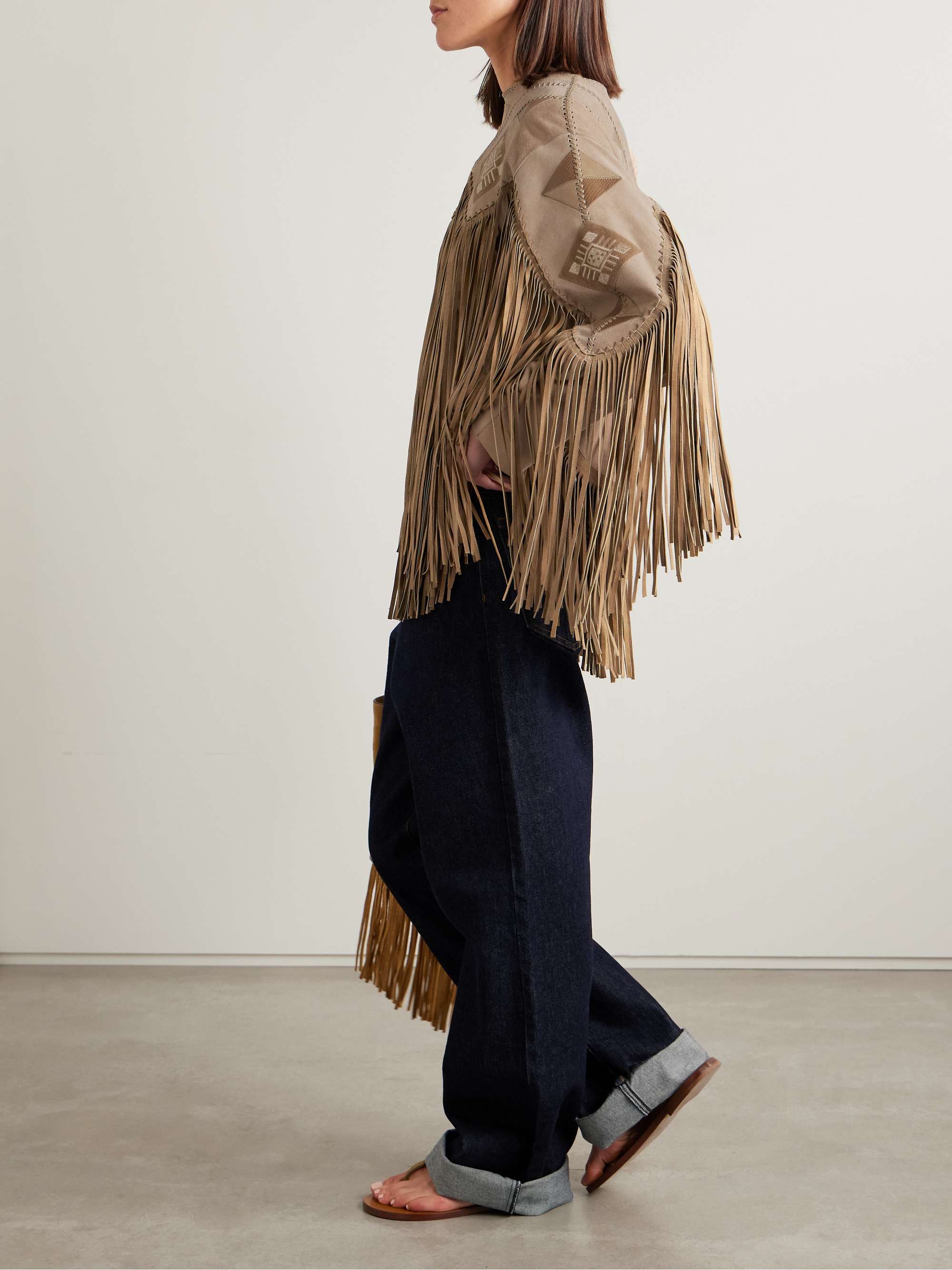 Dolci fringed leather-trimmed embroidered suede top view