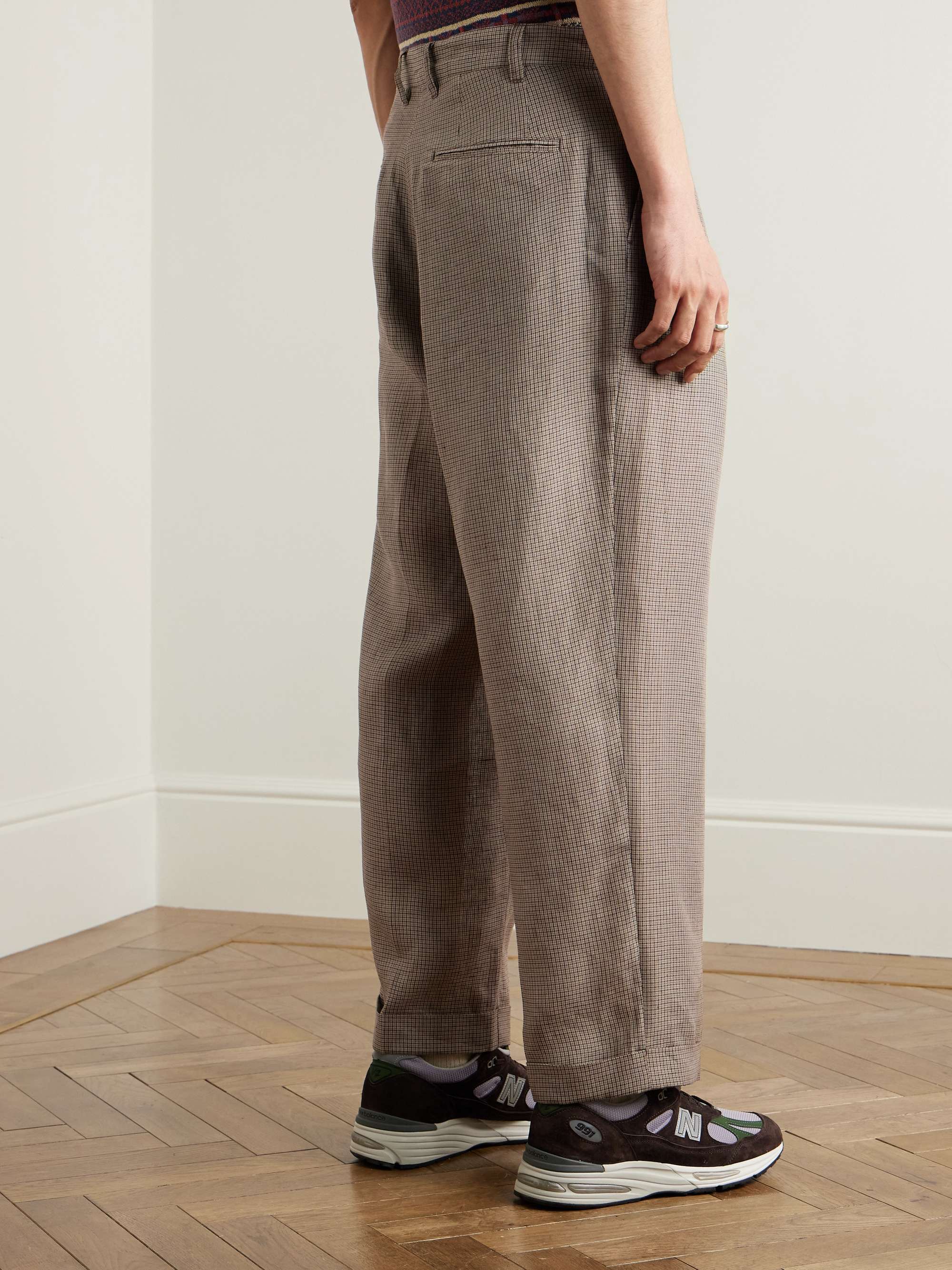 Straight-Leg Pleated Checked Linen and Cotton-Blend Trousers view