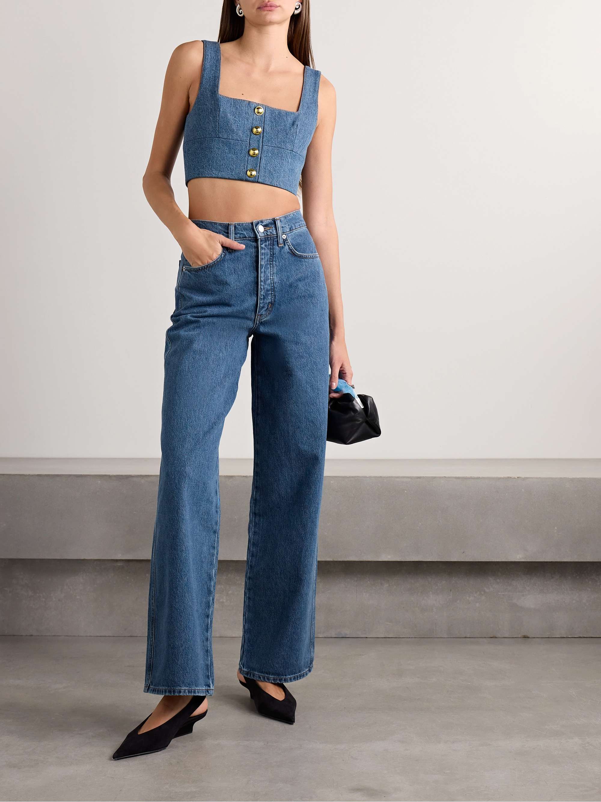Quinn button-embellished cropped denim top view