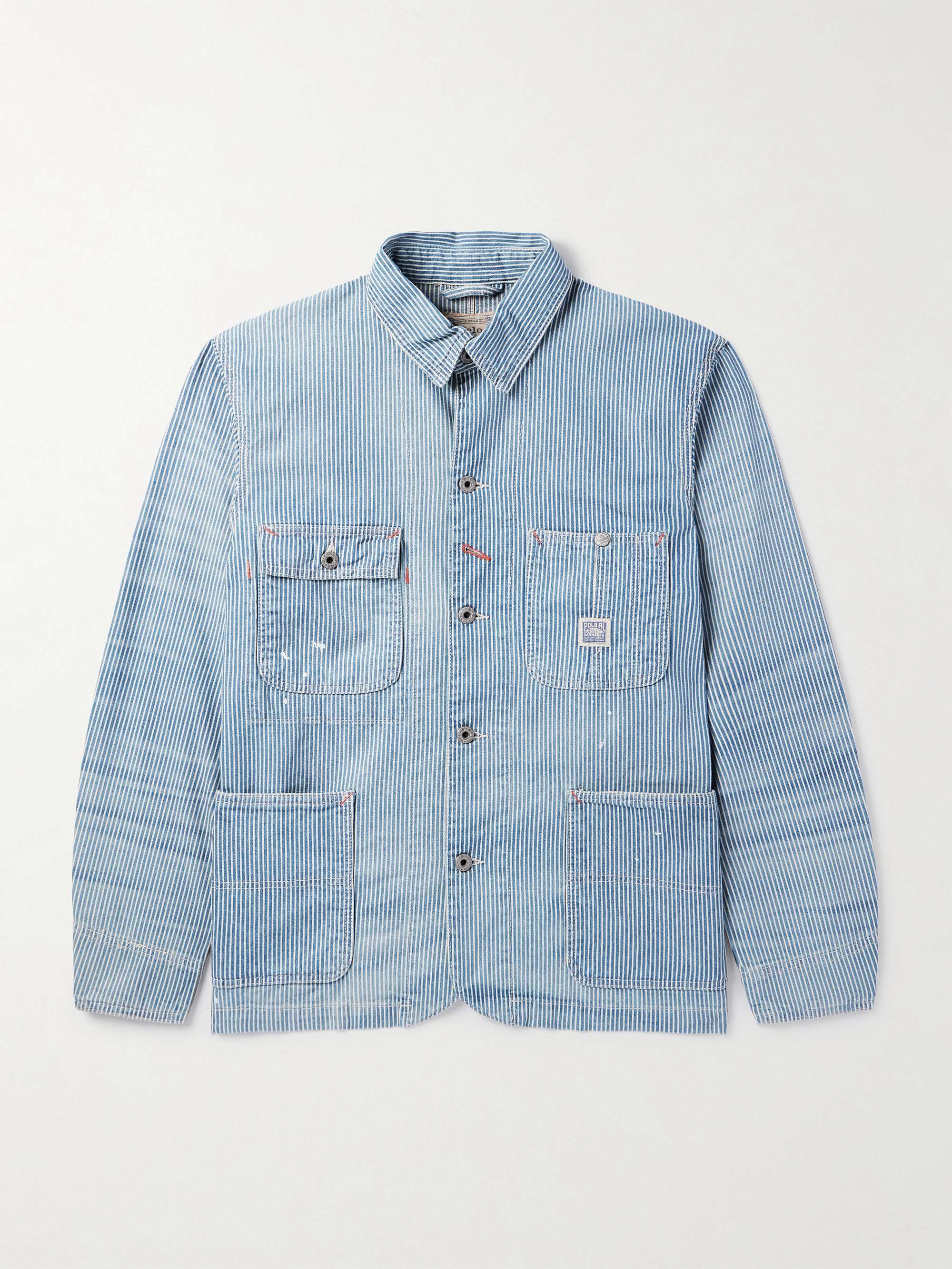 Logo-Appliquéd Paint-Splattered Striped Denim Overshirt view