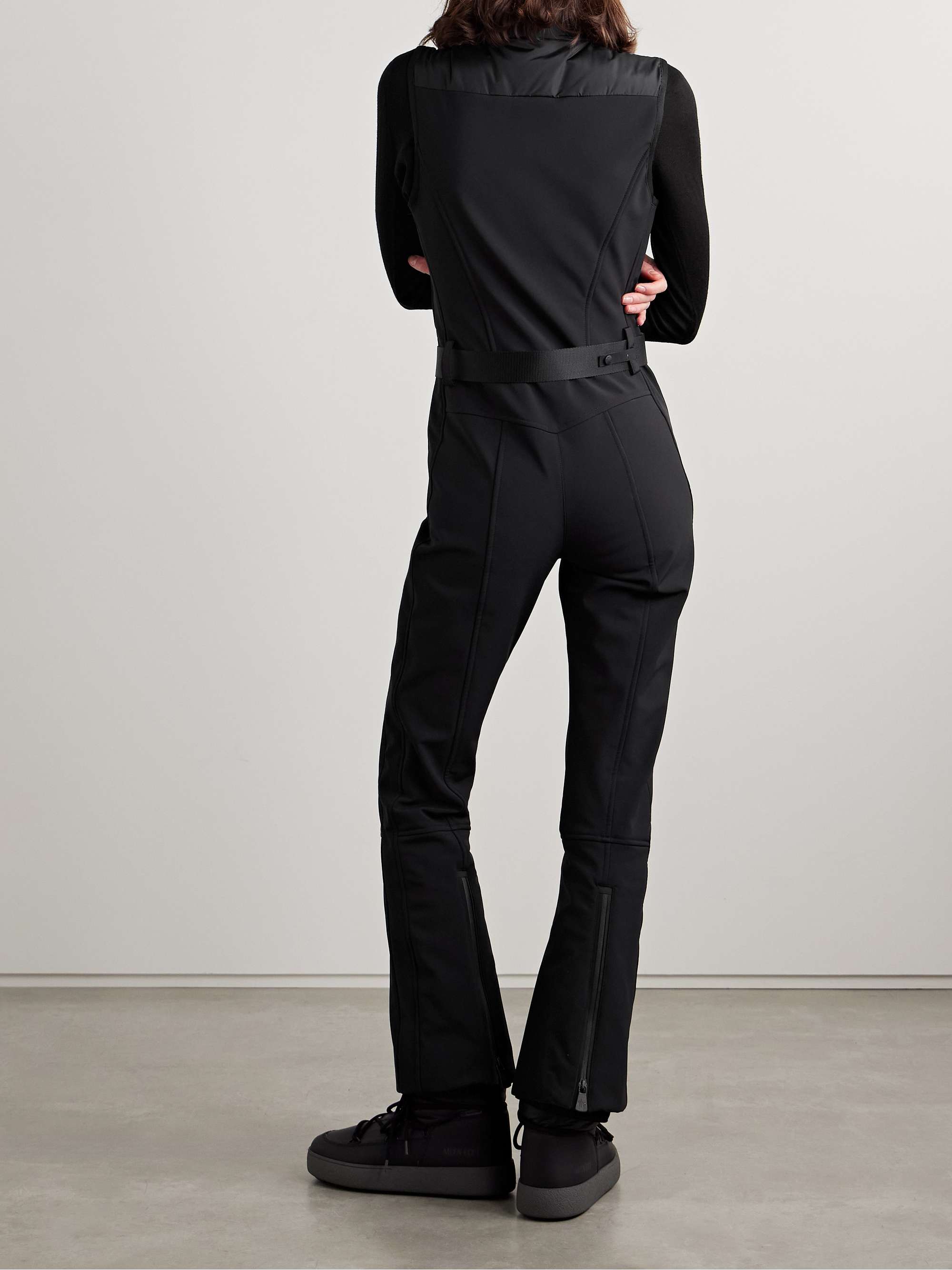 Belted paneled quilted down ski suit view