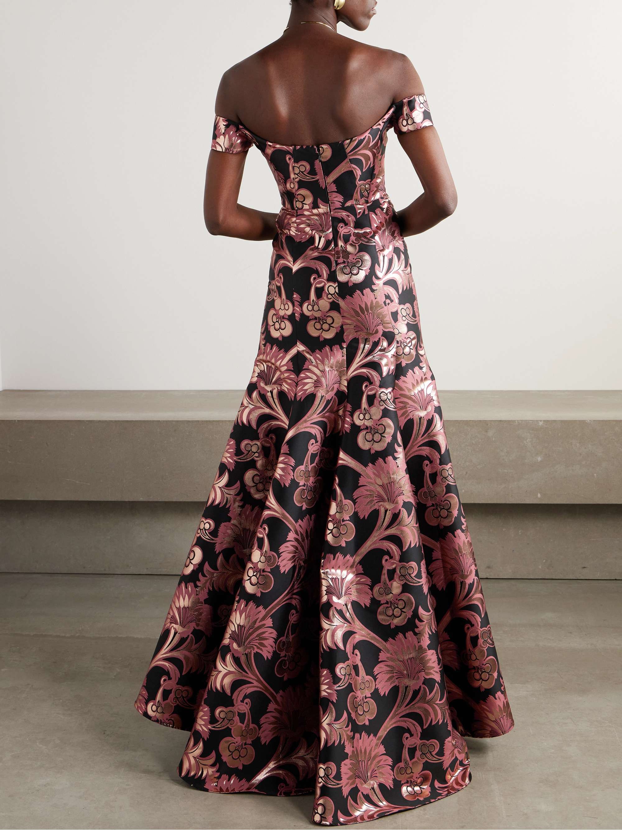 Bardot off-the-shoulder metallic brocade gown view