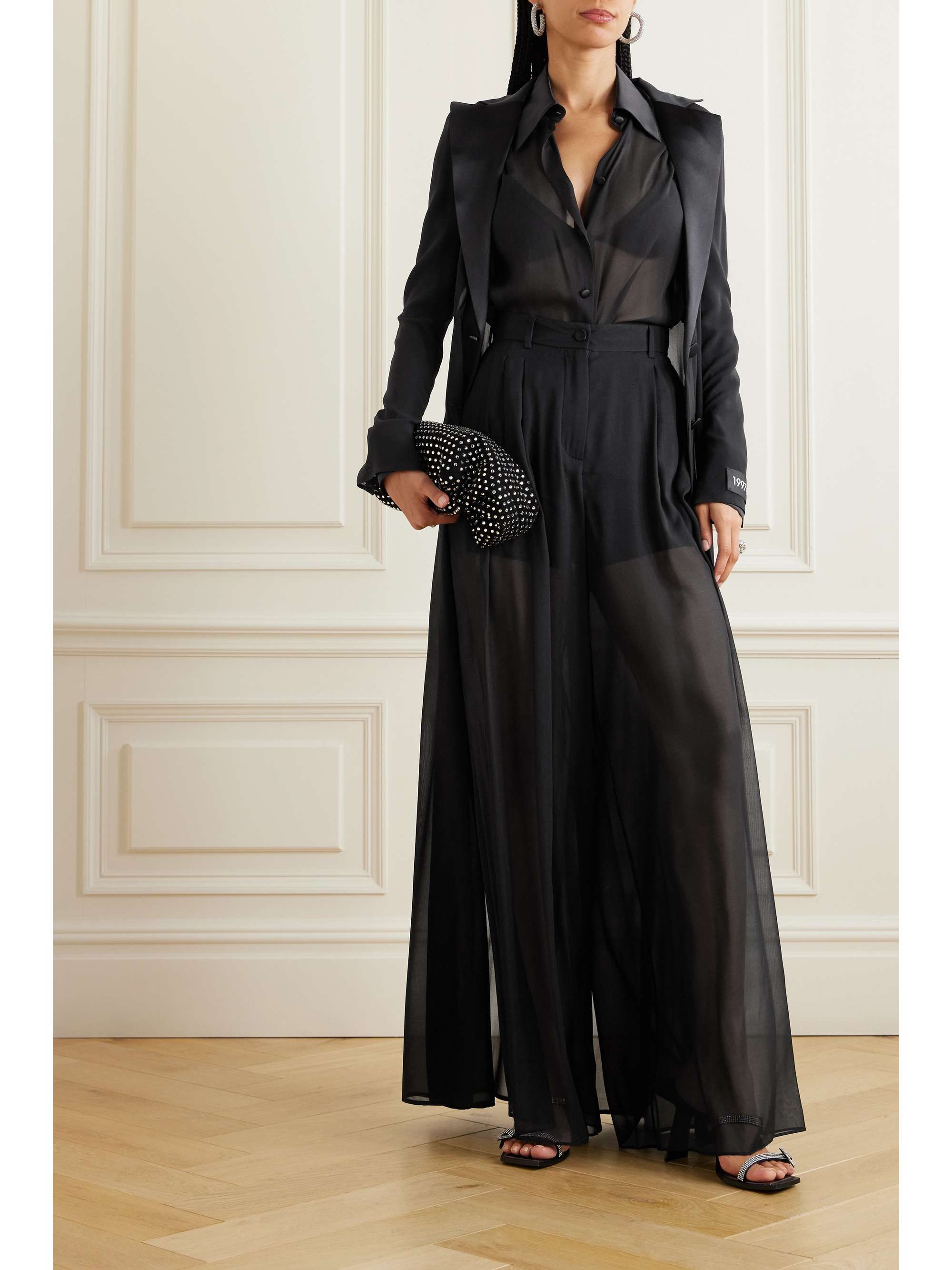 Satin-trimmed silk-blend chiffon coat view