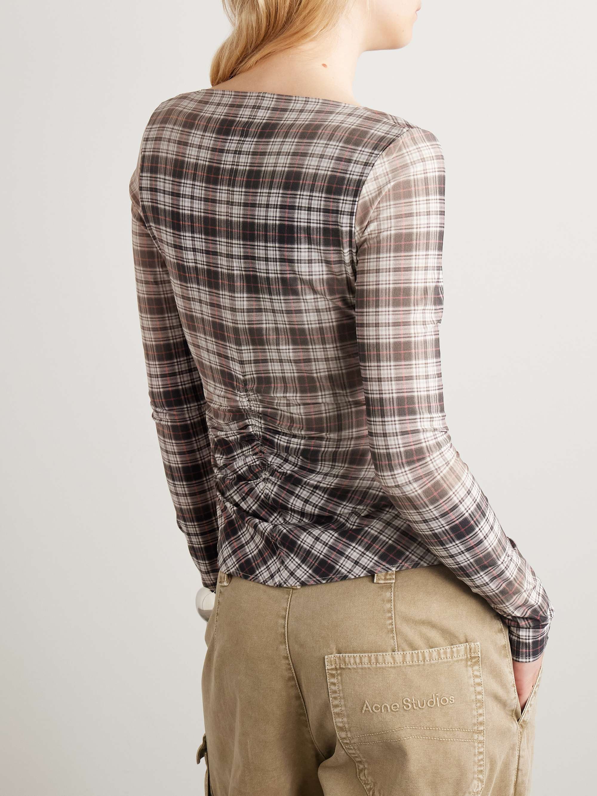 Ruched checked stretch-jersey top view
