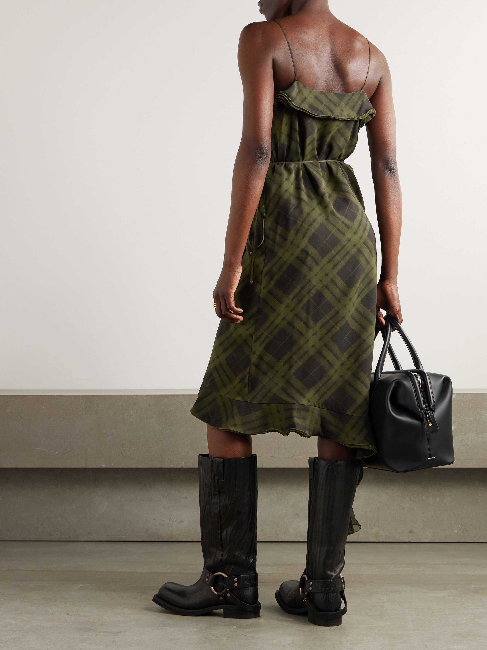 Asymmetric ruffled checked silk-crepe dress view