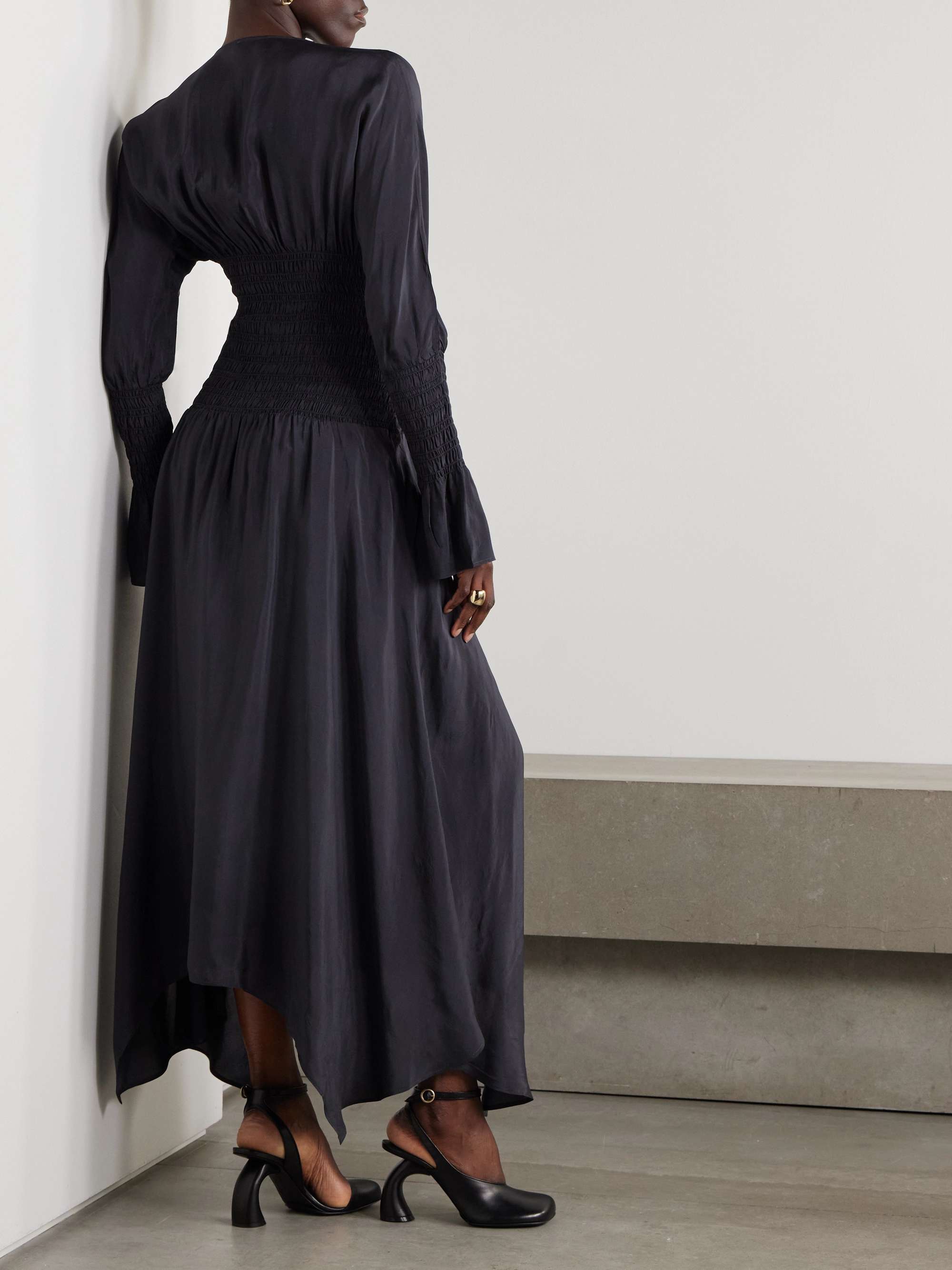 Tie-detailed smocked habotai midi dress view