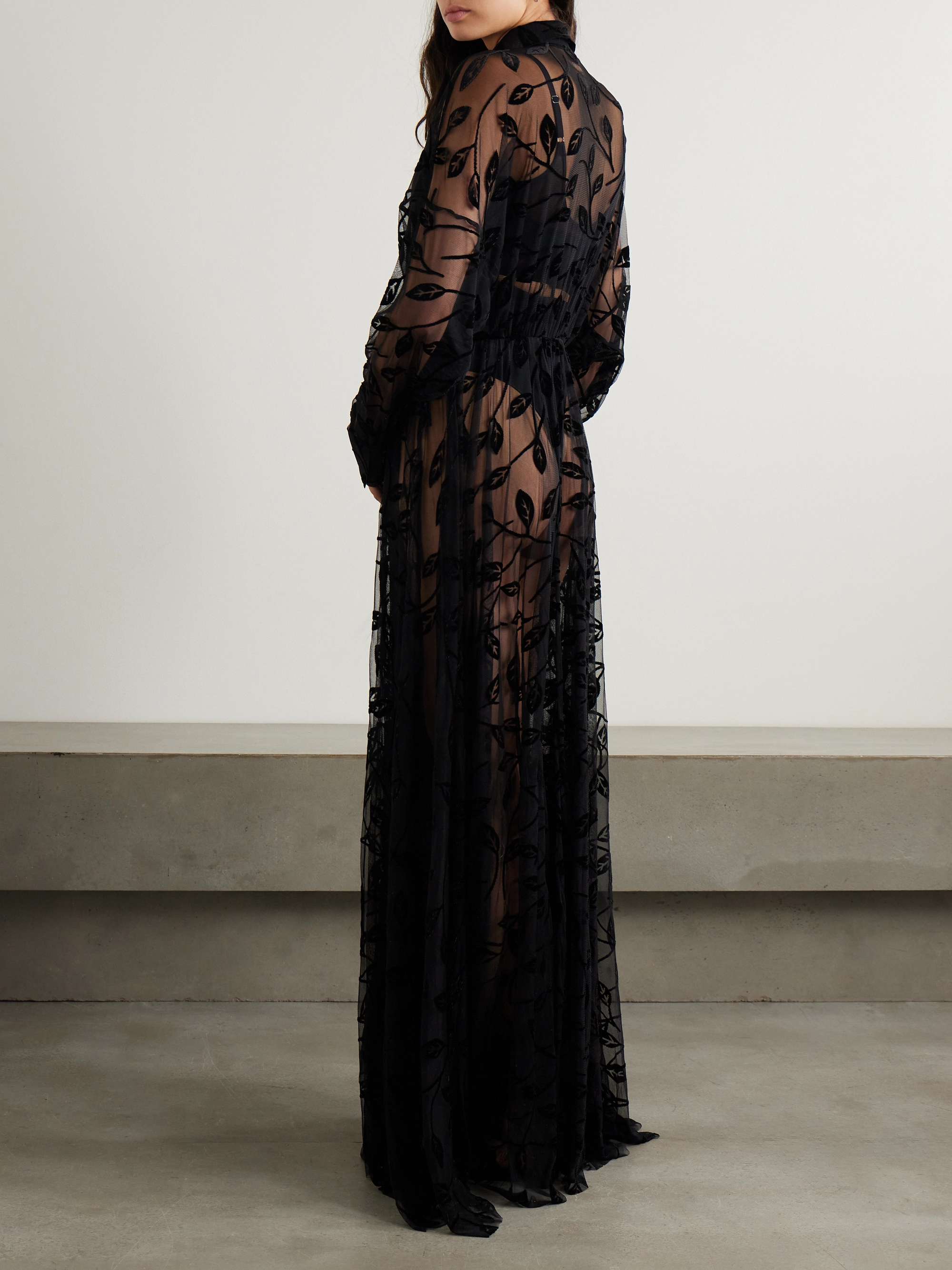 Appliquéd belted stretch-mesh gown view