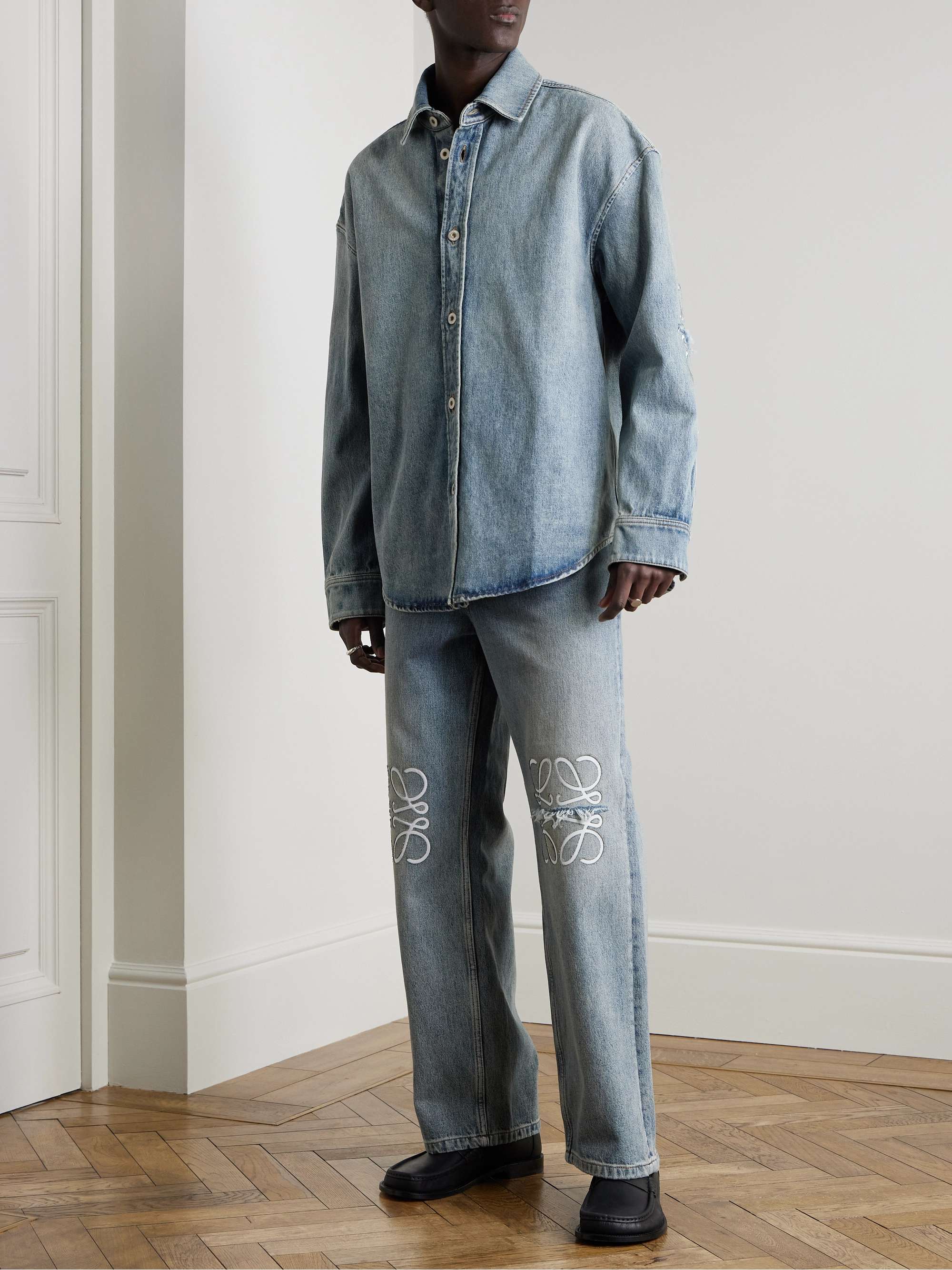 Straight-Leg Logo-Embroidered Distressed Jeans view