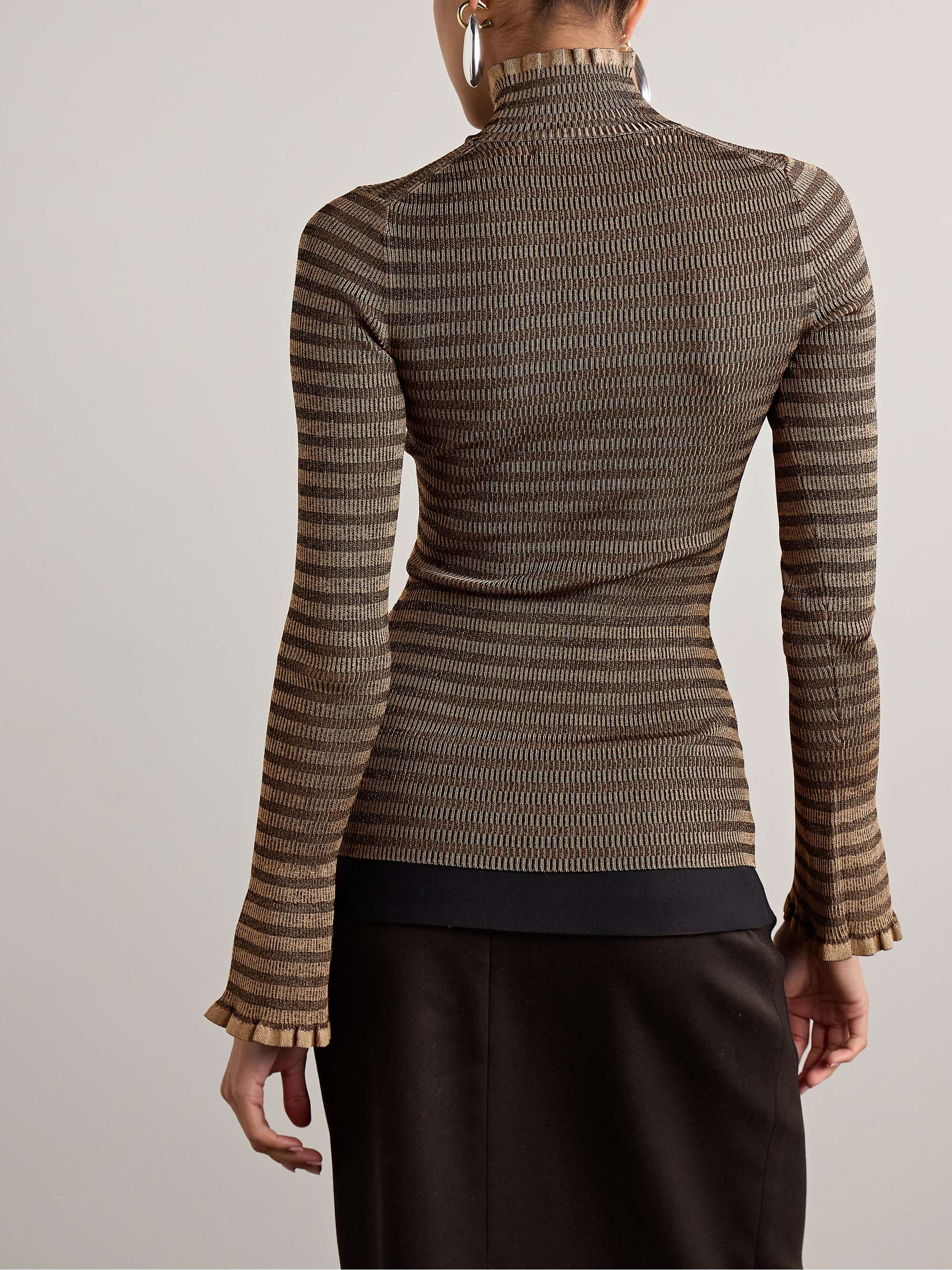 Phyllis ruffled striped ribbed-knit turtleneck sweater view