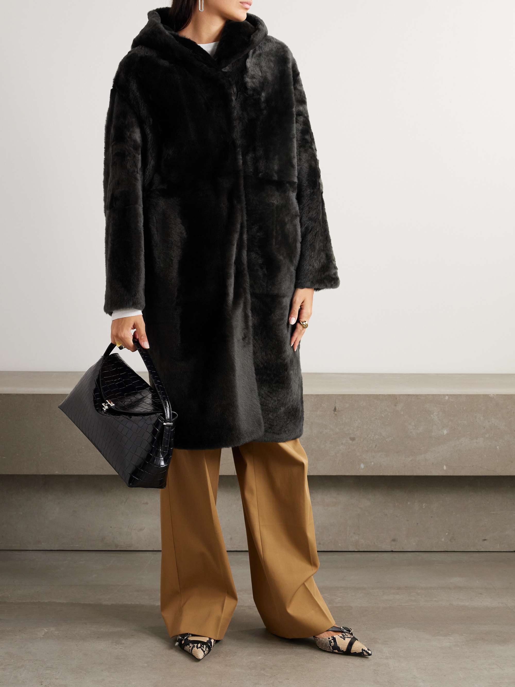 Reversible shearling hooded coat view