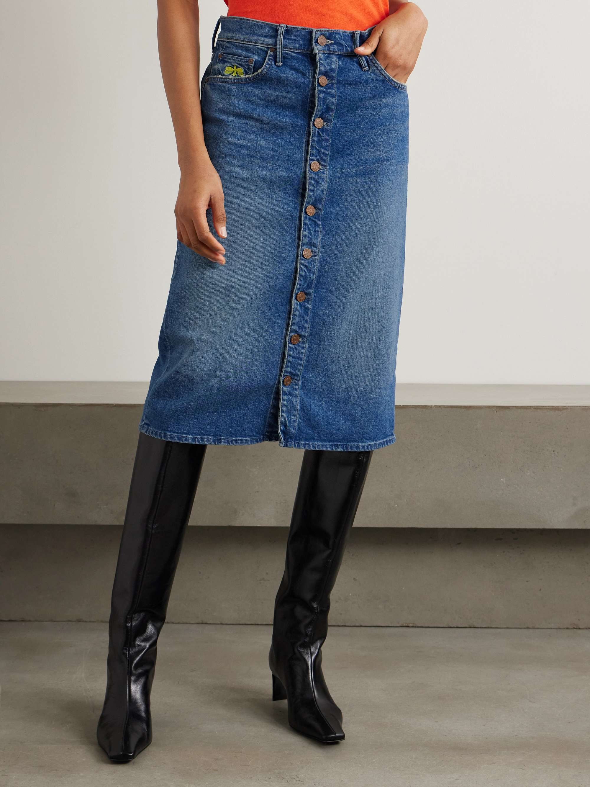 + La DoubleJ The Button Vagabond embroidered denim midi skirt view