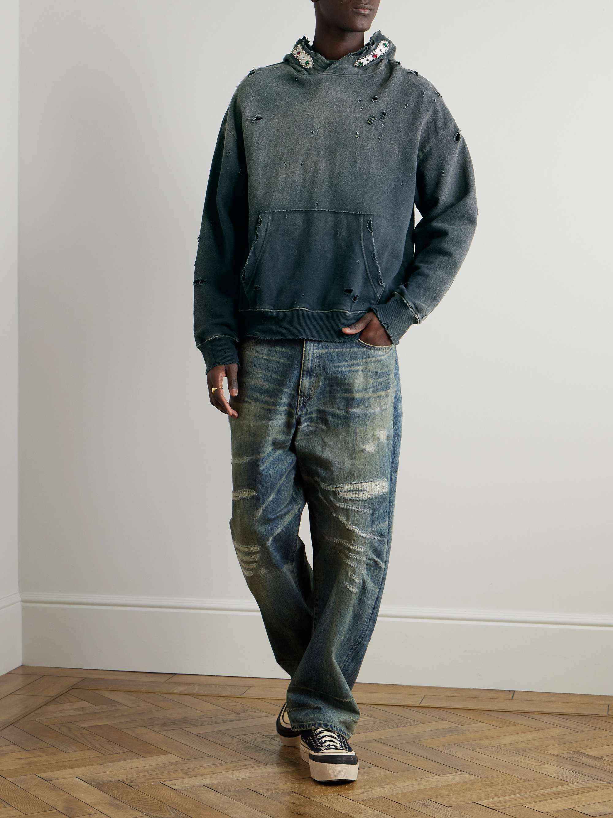 Embellished Suede-Trimmed Distressed Cotton-Jersey Hoodie view