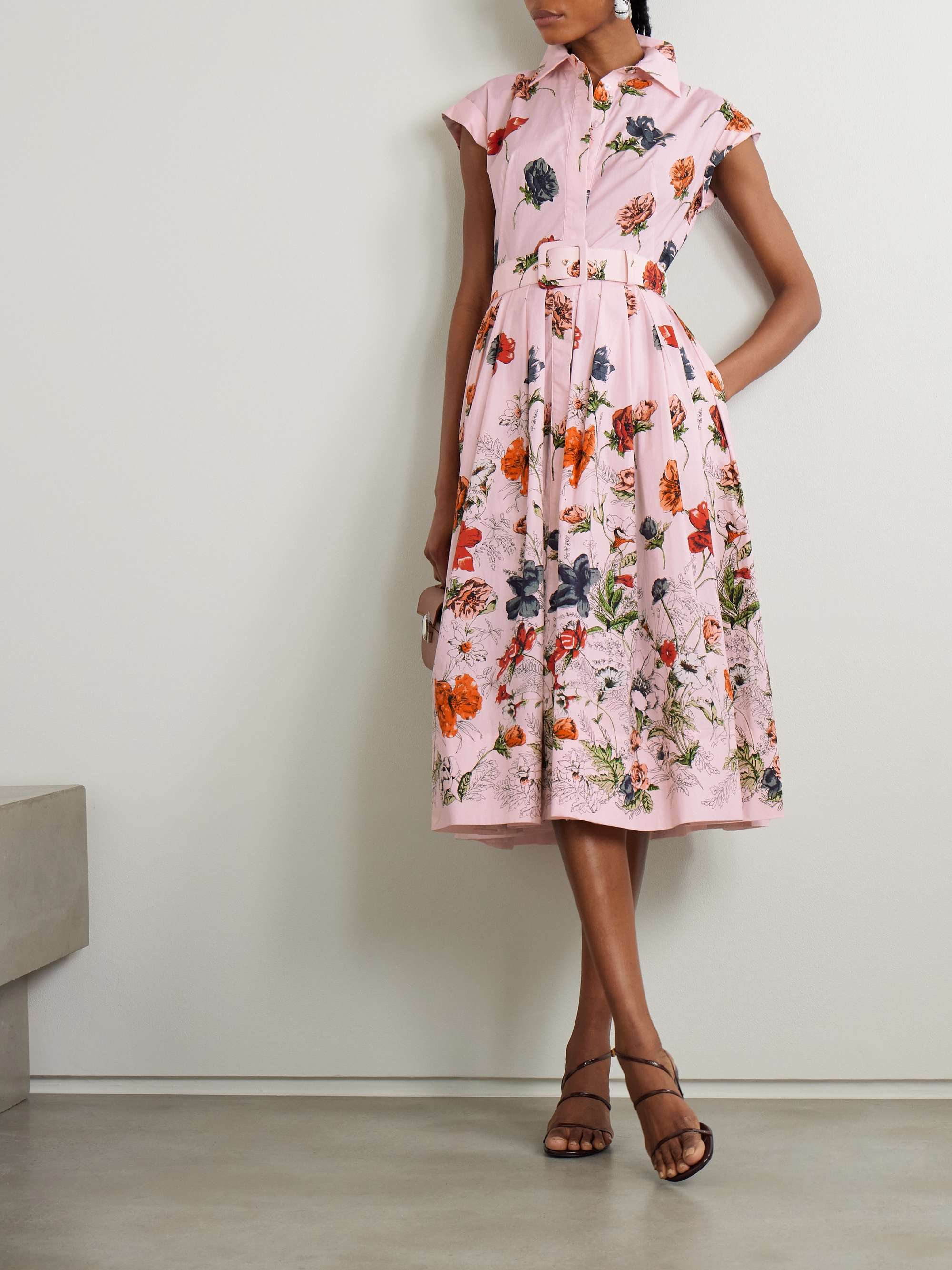Octavia belted pleated floral-print cotton-poplin midi shirt dress view
