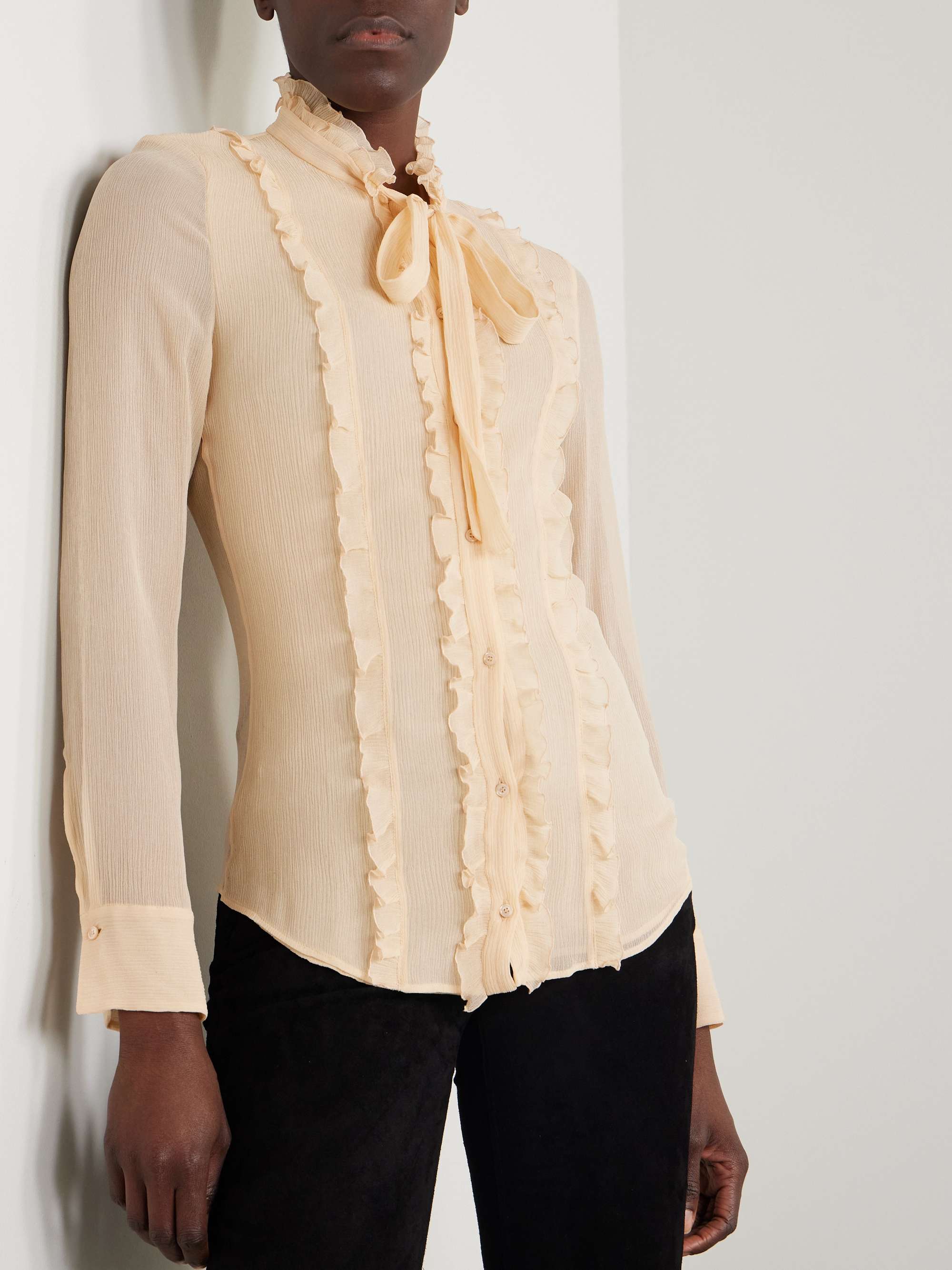 Tie-neck ruffled silk-crepon shirt view
