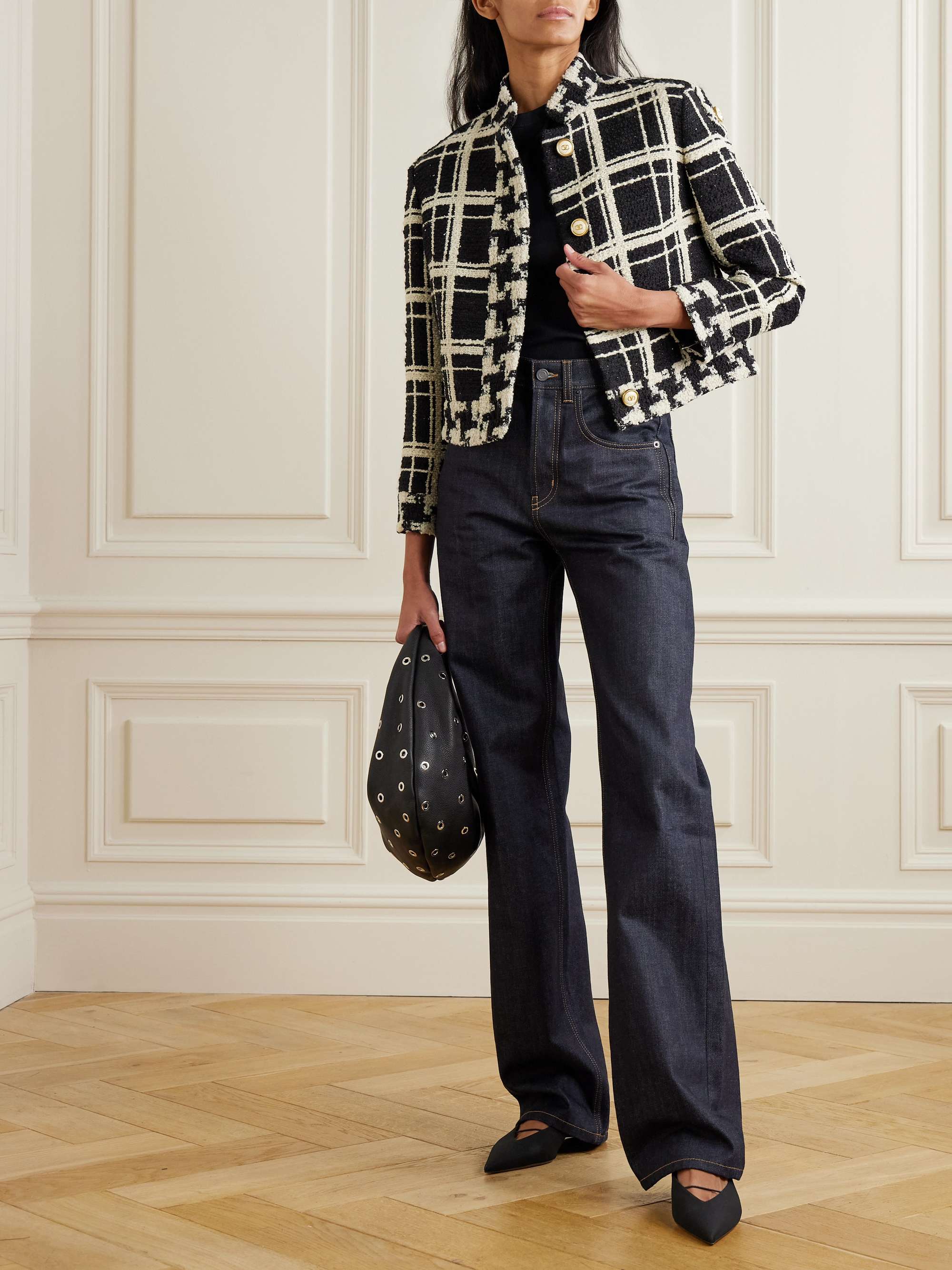 Cropped checked wool-blend tweed jacket view