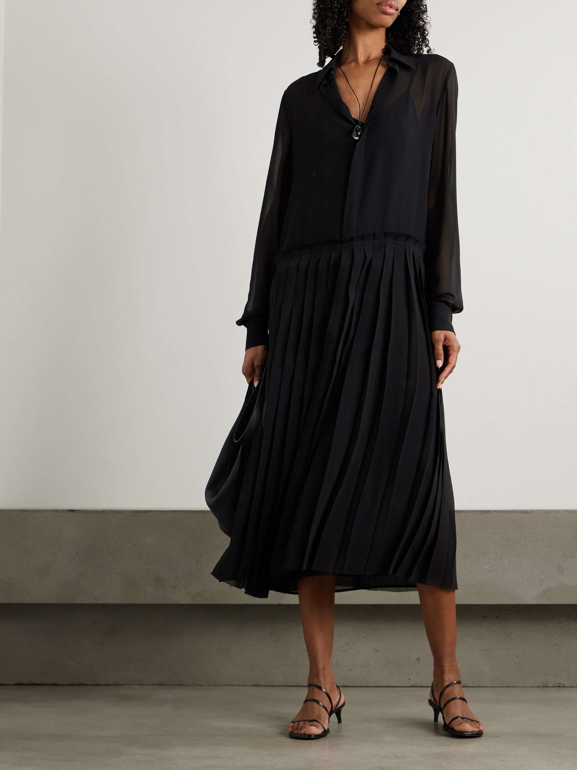Pleated crepe midi shirt dress view