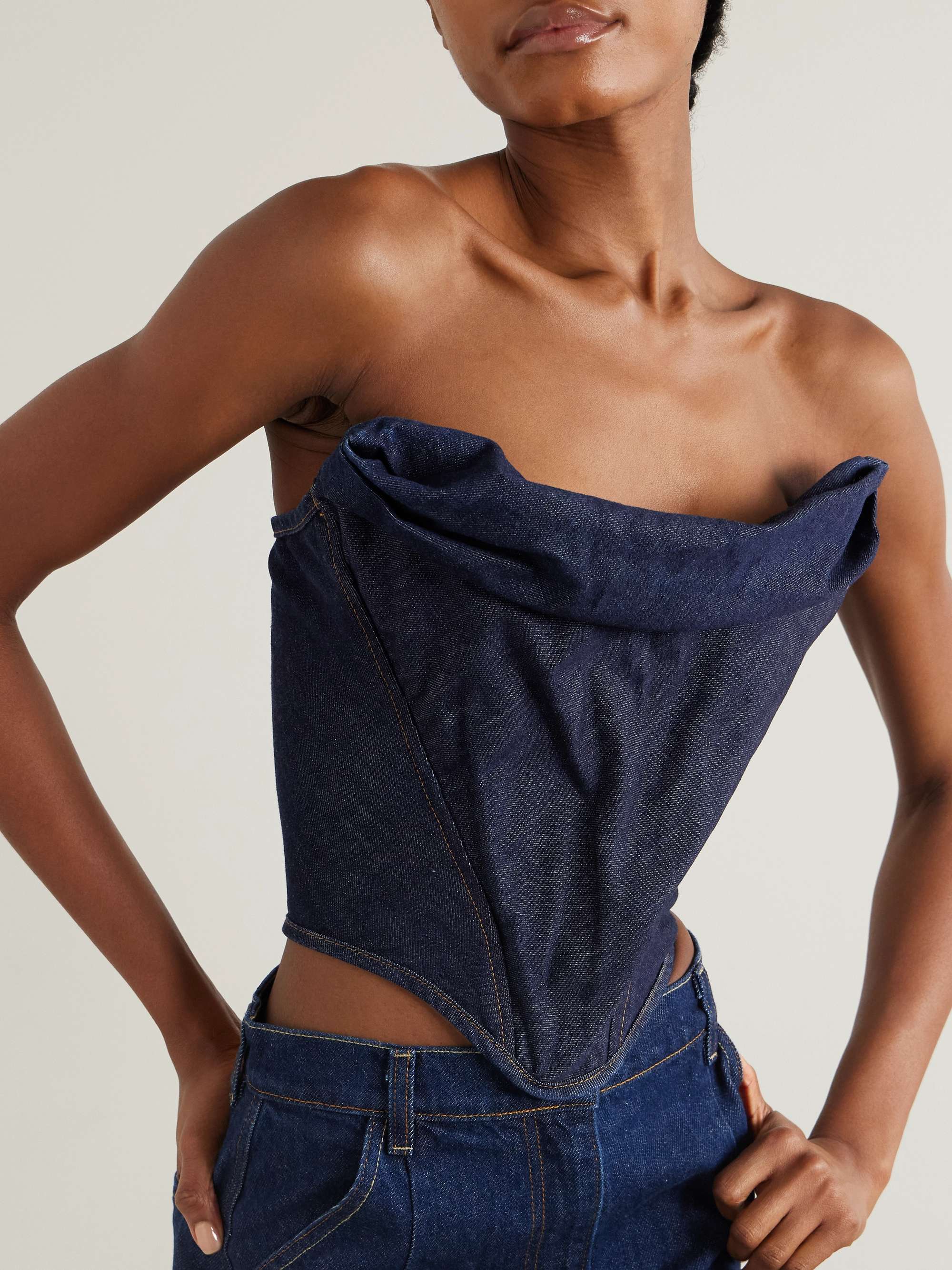 Strapless cropped denim bustier top view