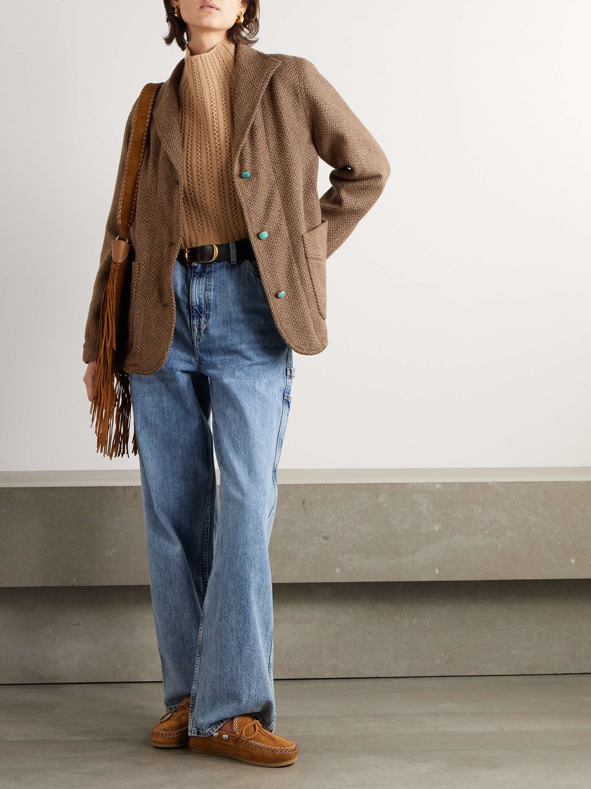 Turquoise-embellished herringbone wool-blend tweed jacket view