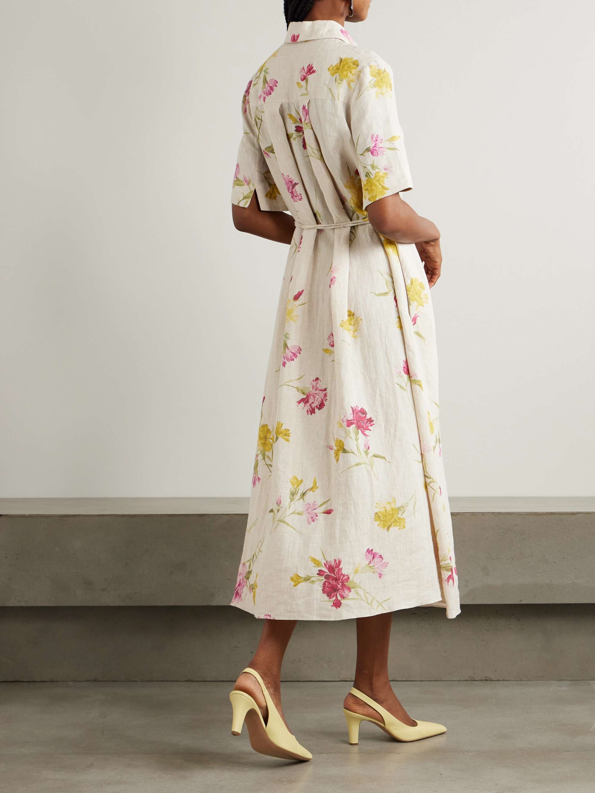 Belted floral-print linen midi shirt dress view