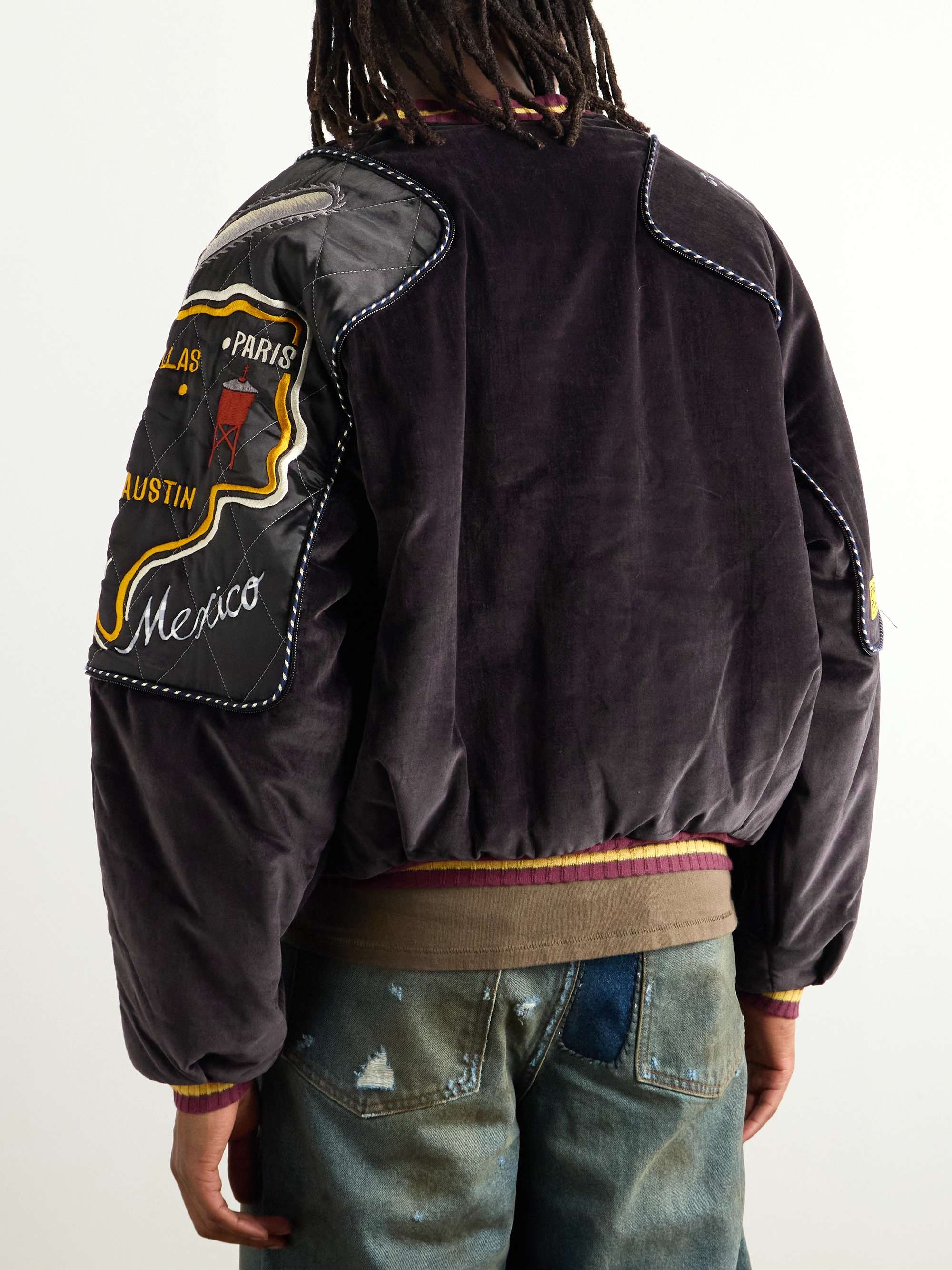 Embroidered Quilted Shell-Trimmed Cotton-Velvet Bomber Jacket view
