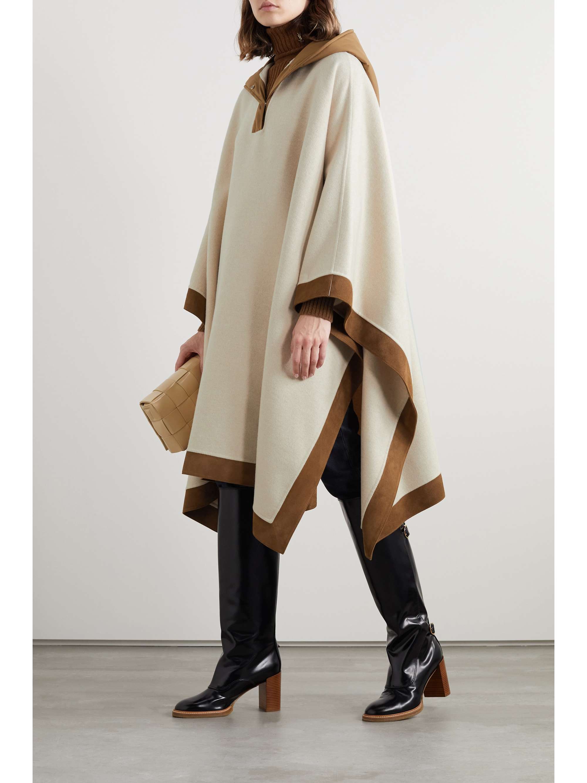 Chandra hooded suede and shell-trimmed cashmere cape view