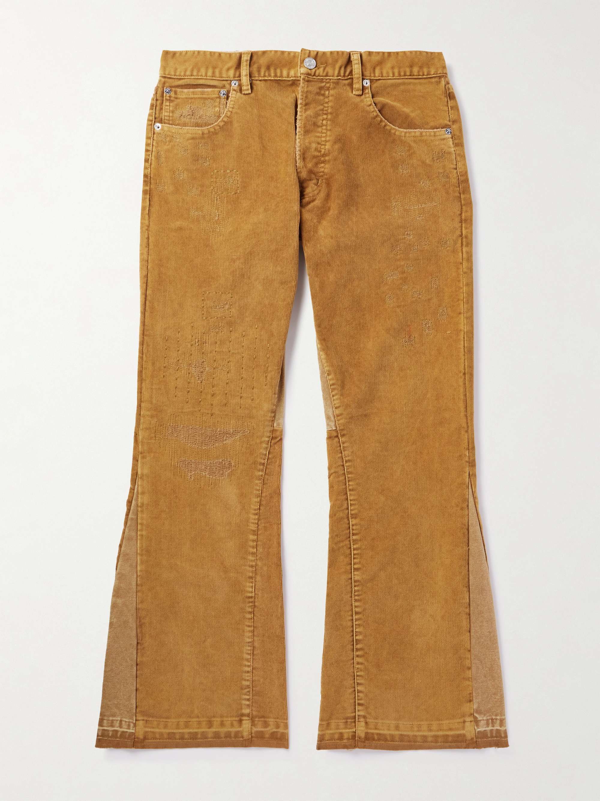 Flared Distressed Cotton-Corduroy and Canvas Trousers view