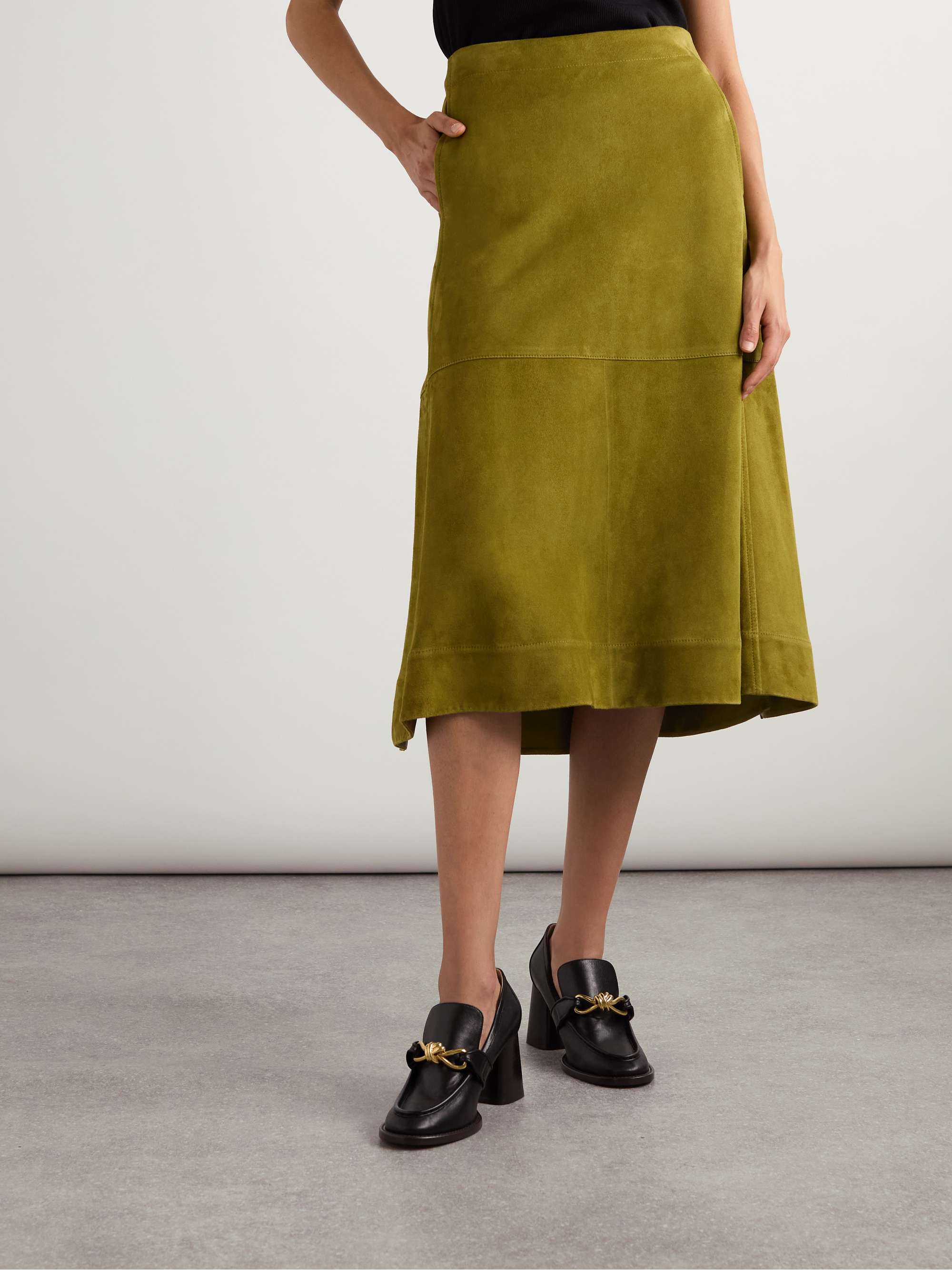 Pleated paneled suede midi skirt view