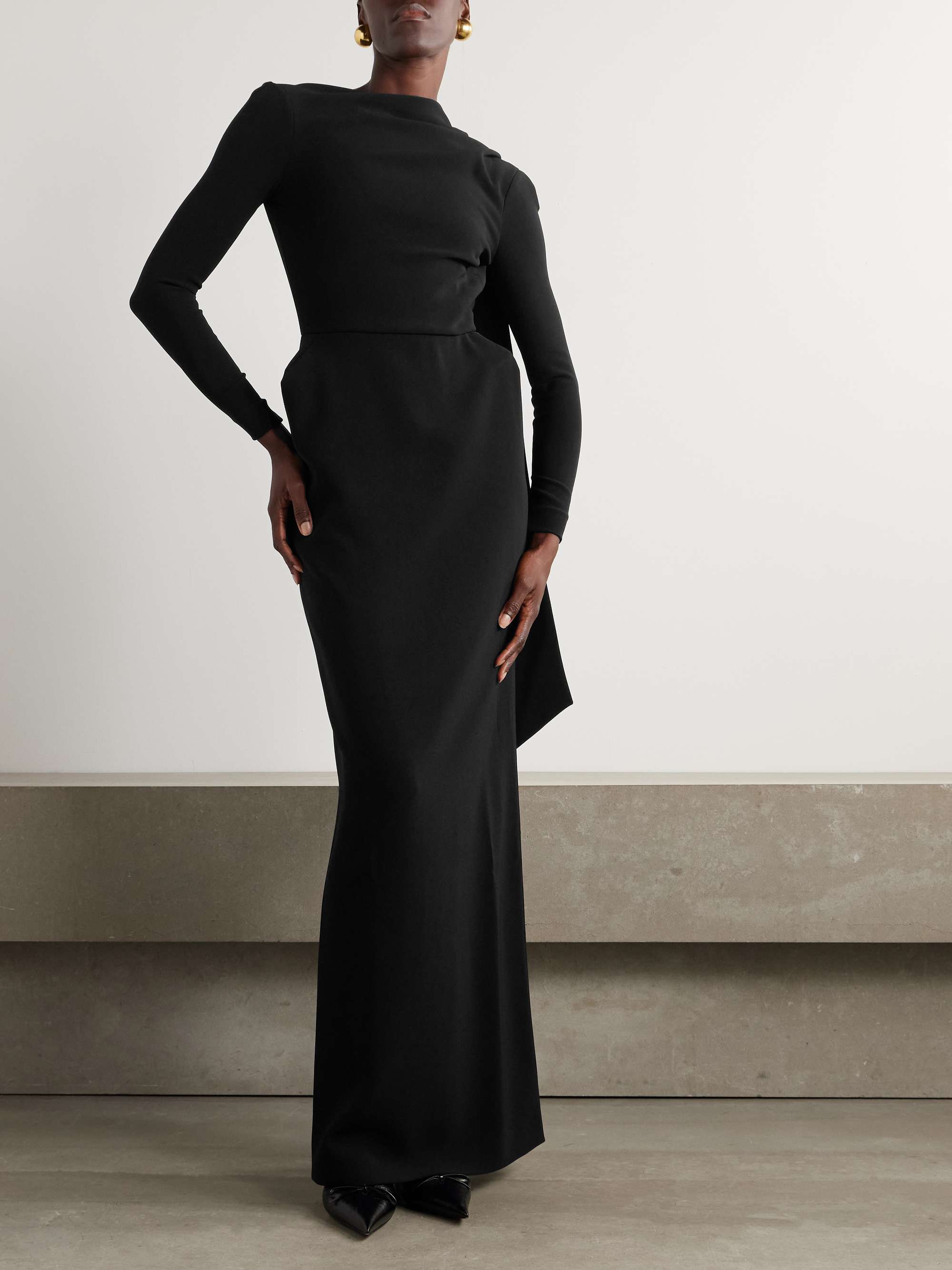 Cape-effect open-back crepe gown view