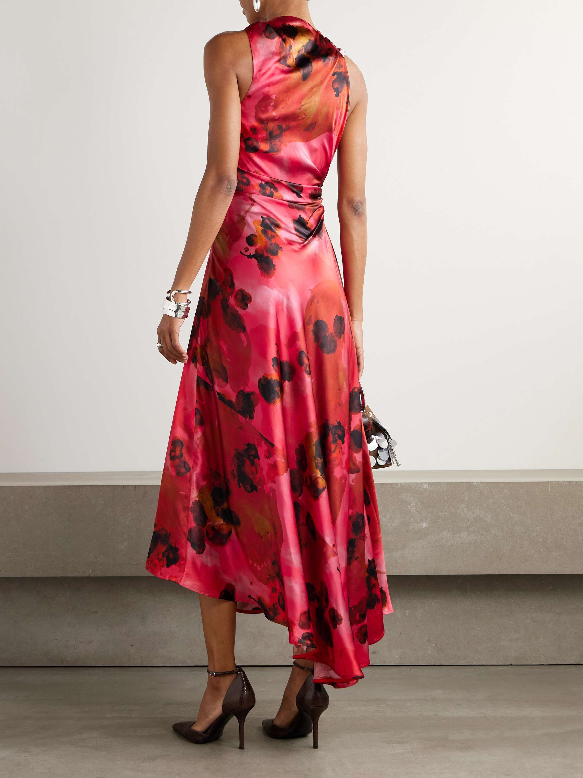 Draped floral-print silk-satin midi dress view