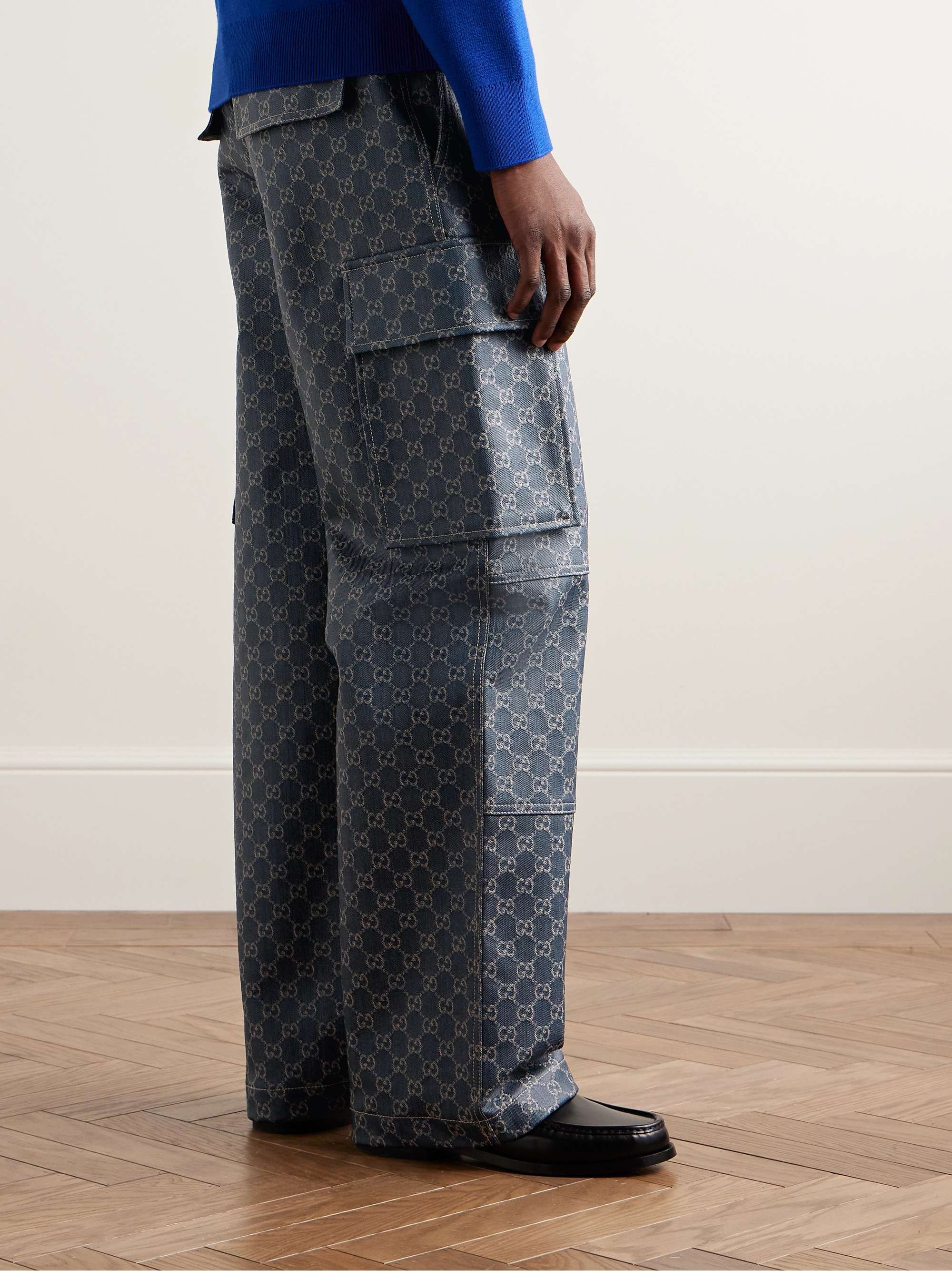 Straight-Leg Logo-Jacquard Coated Cargo Jeans view