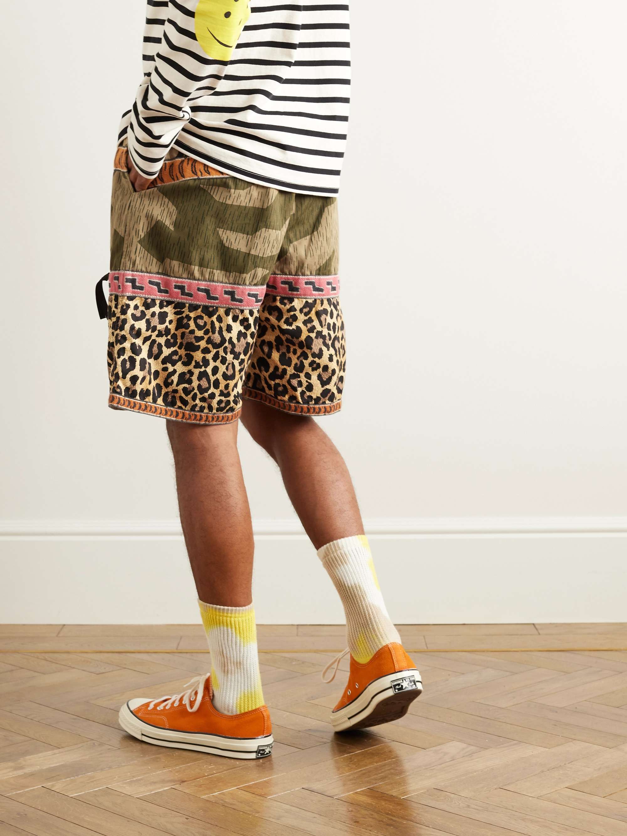 Straight-Leg Belted Patchwork Cotton-Twill and Jacquard Shorts view