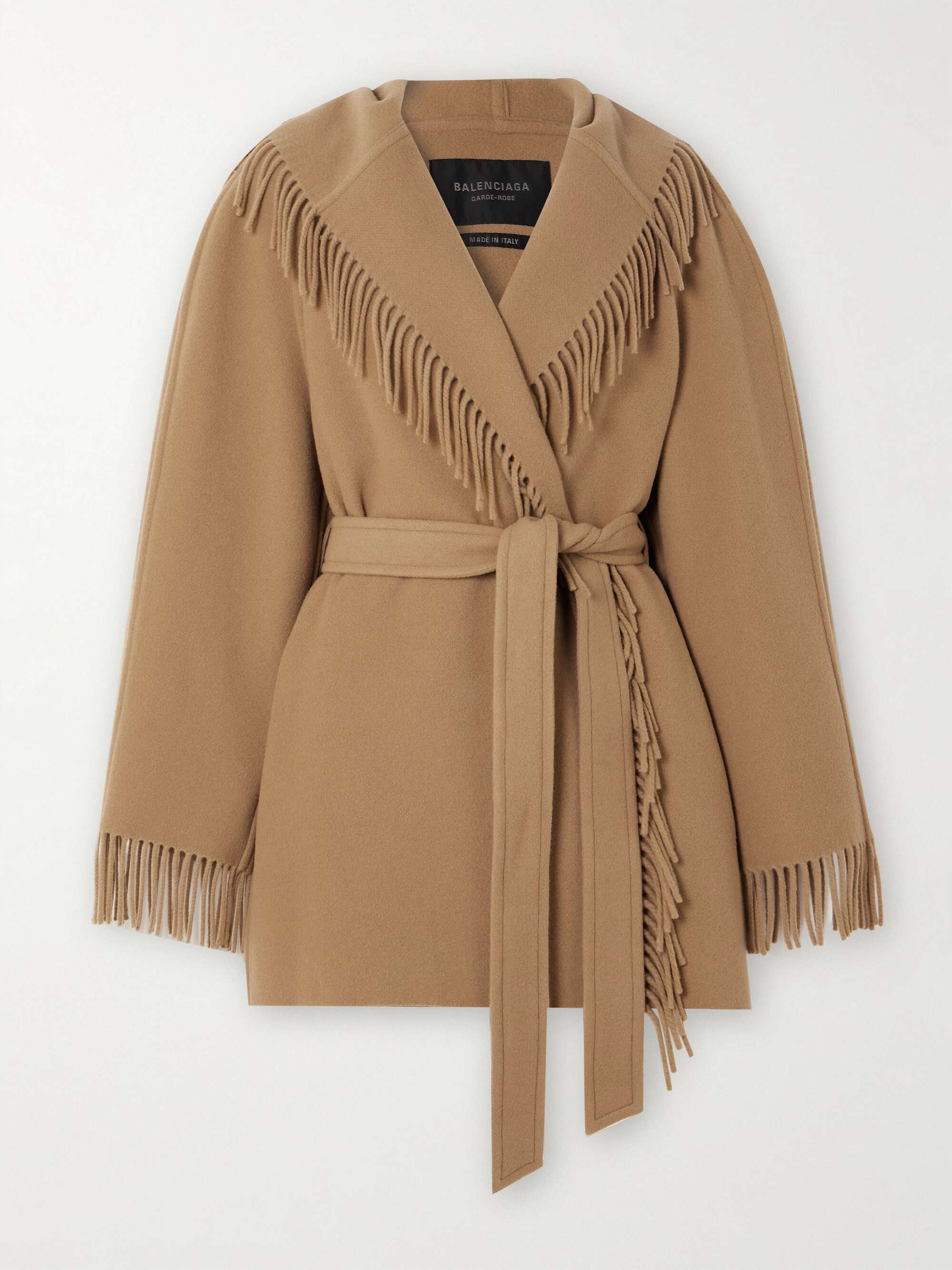 Belted fringed wool jacket view