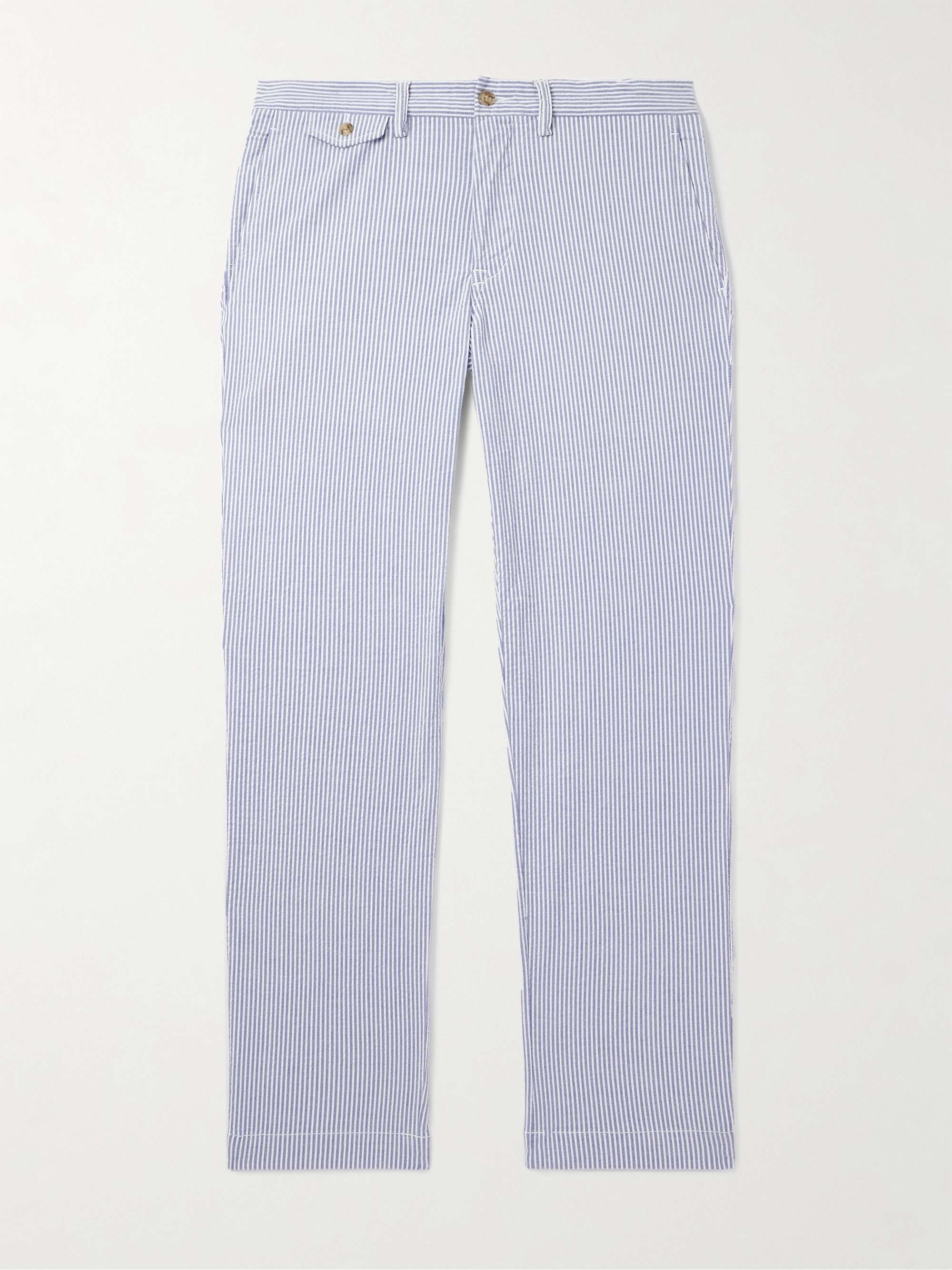 Straight-Leg Logo-Embroidered Striped Cotton-Blend Seersucker Trousers view