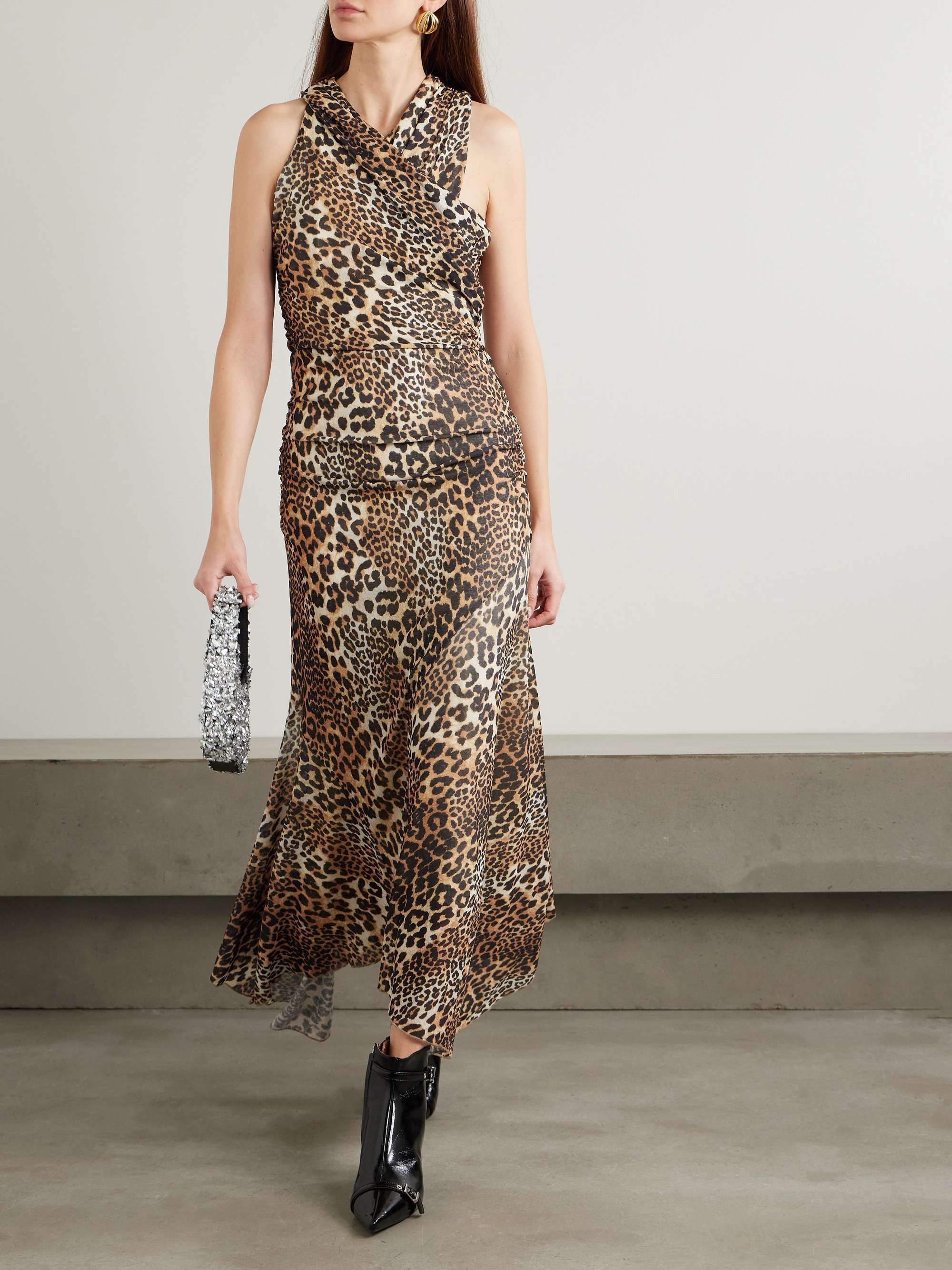 Asymmetric draped leopard-print stretch recycled-mesh midi dress view