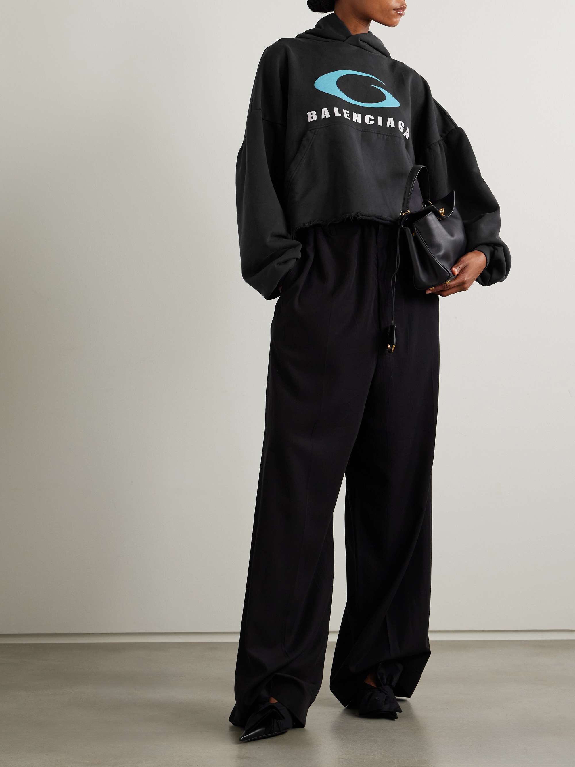Oversized cropped distressed printed cotton-jersey hoodie view