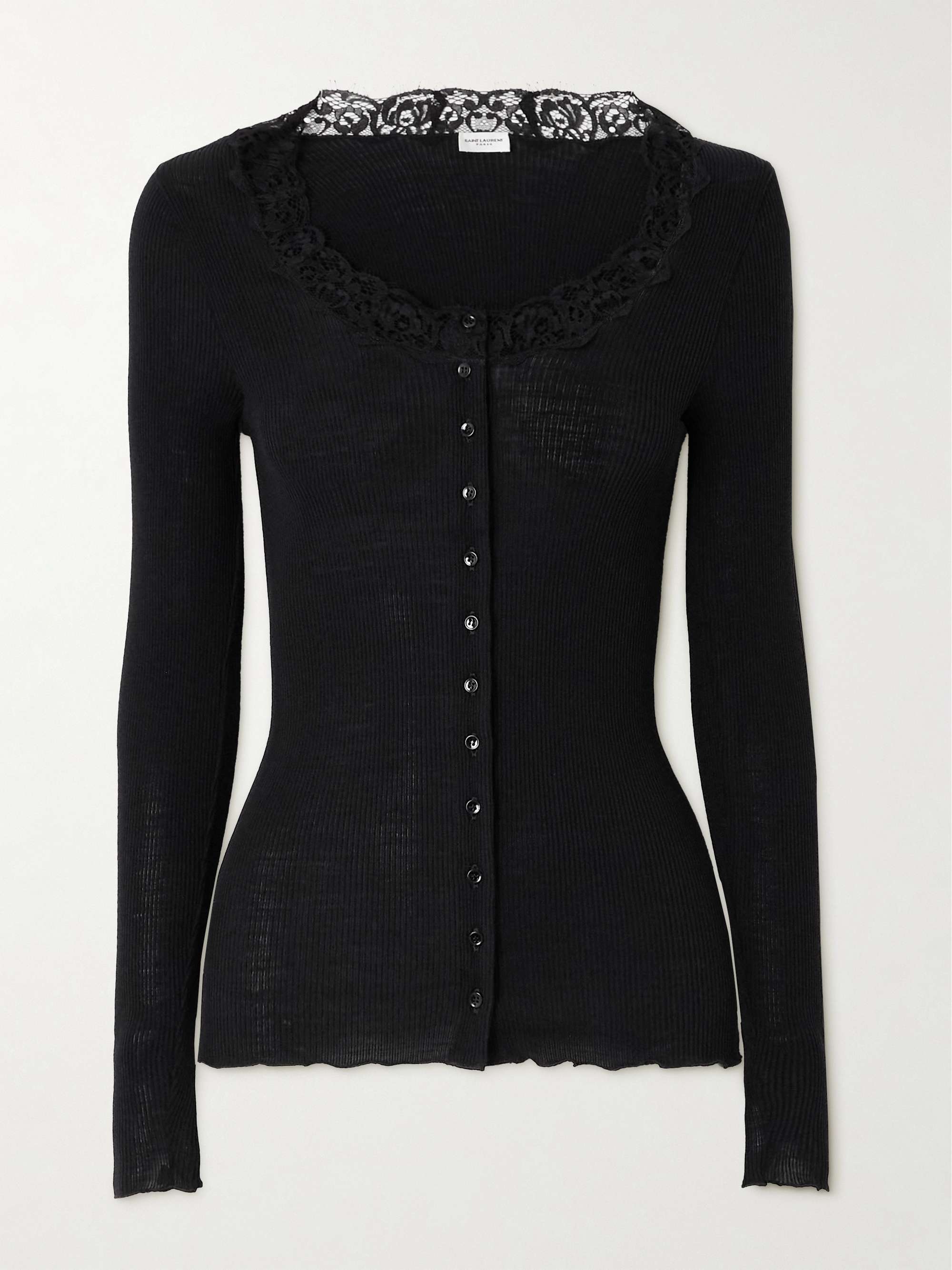 Scalloped lace-trimmed ribbed wool and silk-blend cardigan view