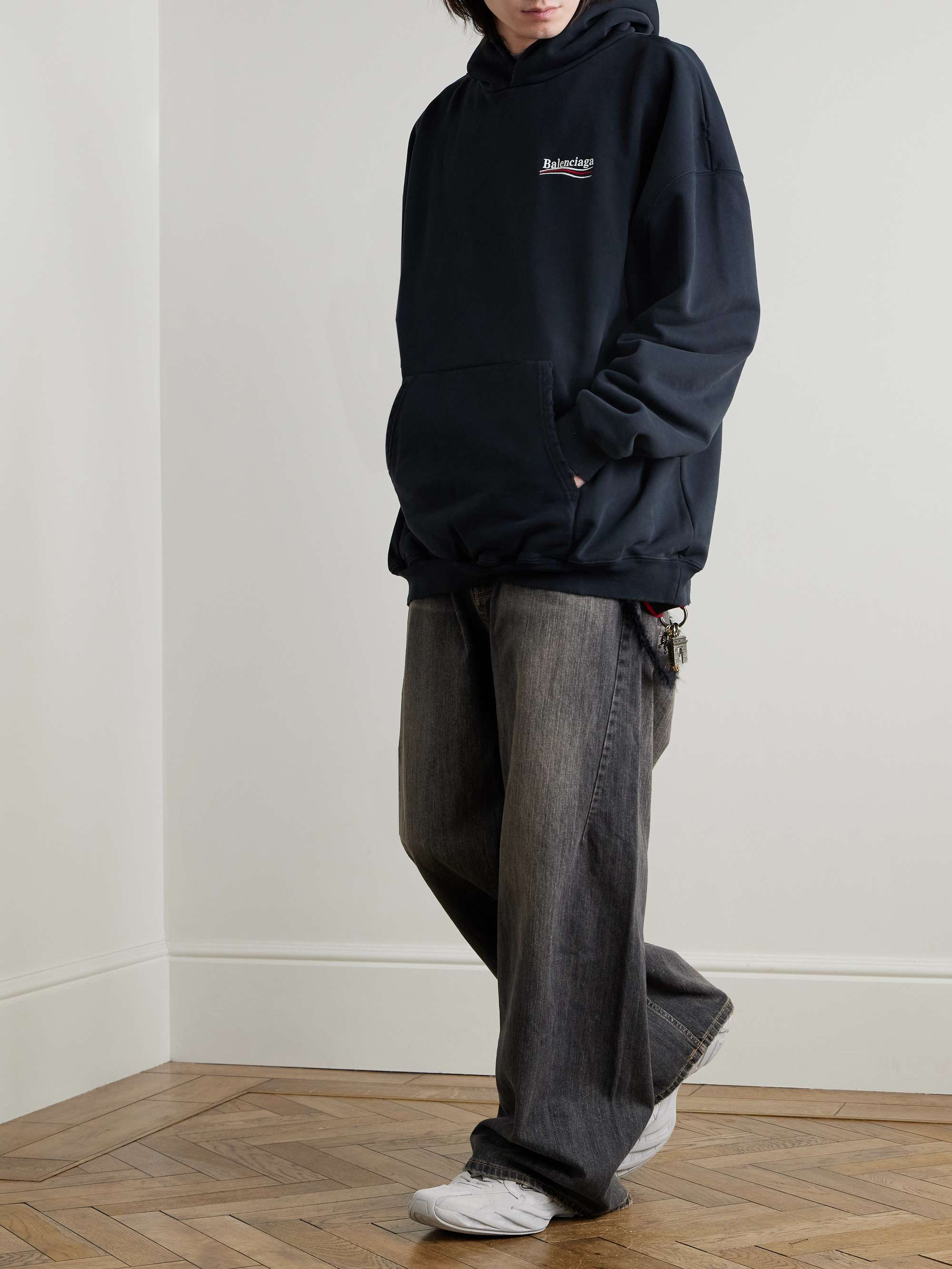 Oversized Distressed Logo-Embroidered Cotton-Jersey Hoodie view