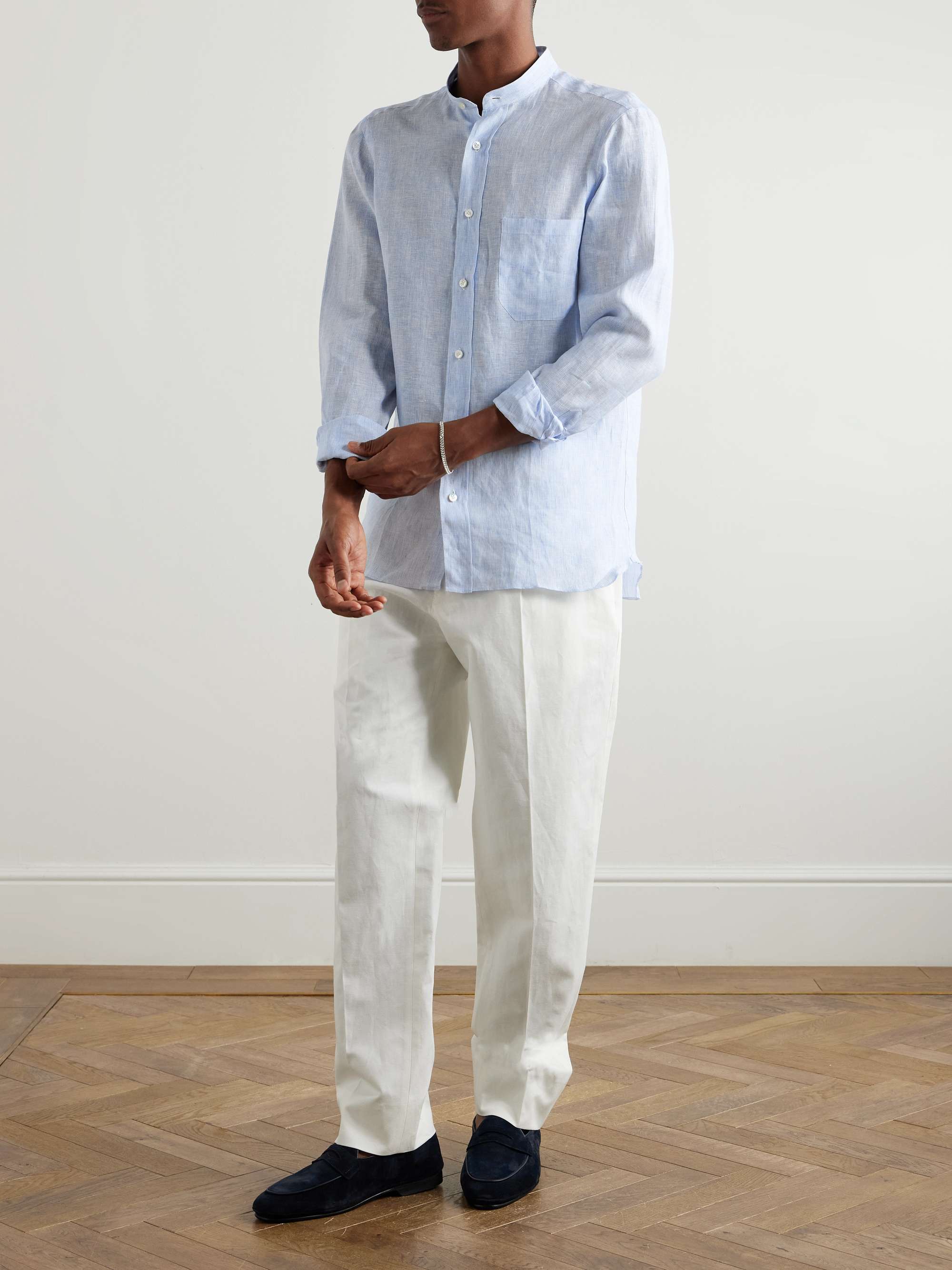 Grandad-Collar Striped Linen Shirt view