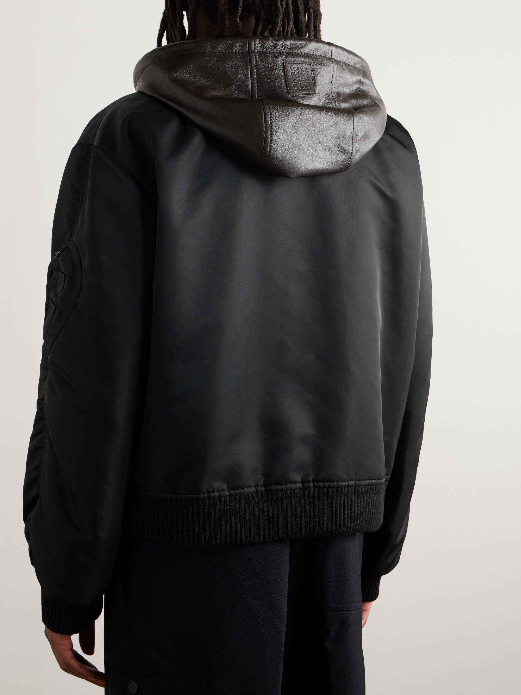 Leather-Trimmed Shell Hooded Bomber Jacket view
