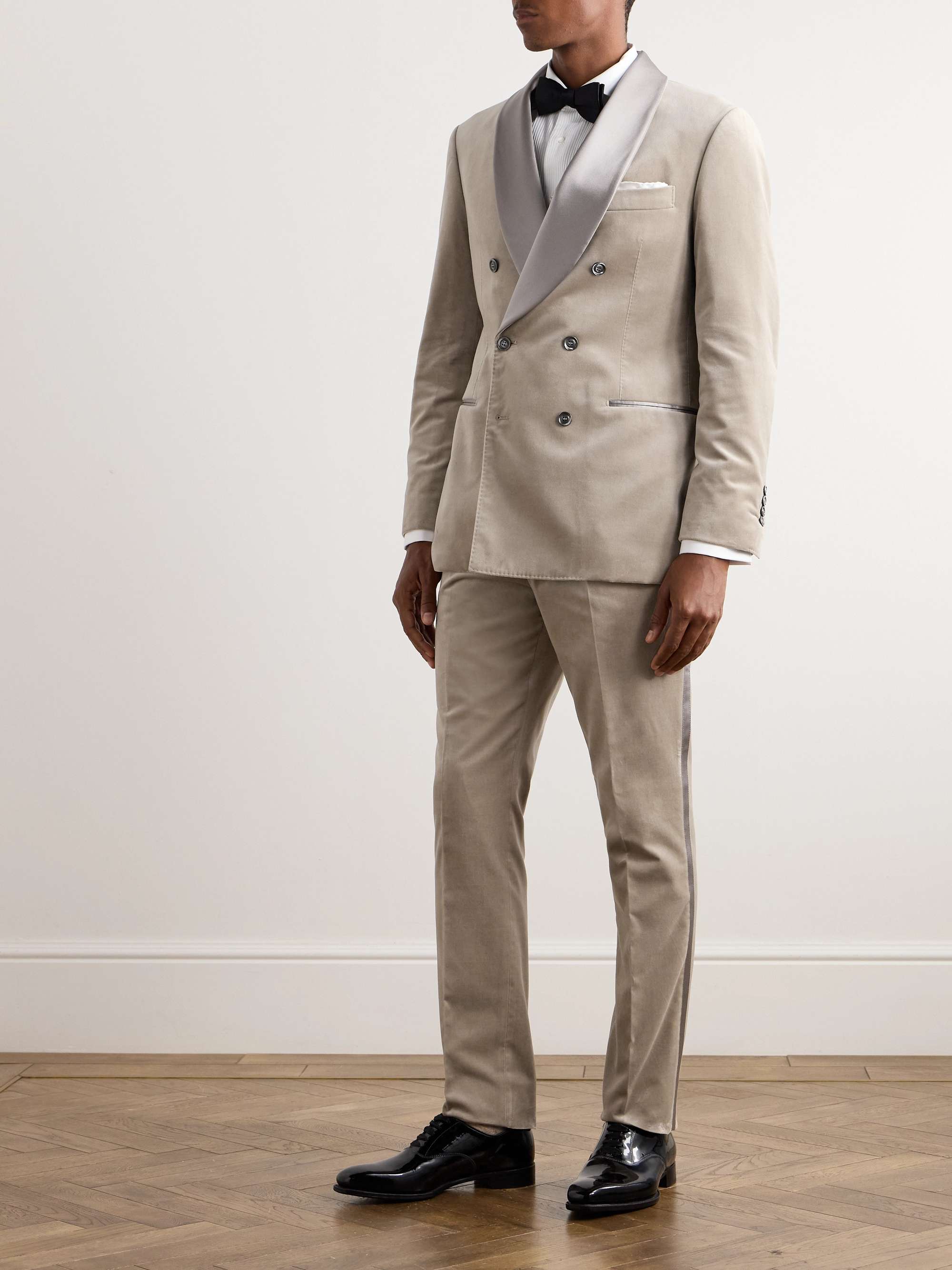 Slim-Fit Shawl-Collar Double-Breasted Cotton-Velvet Tuxedo Jacket view