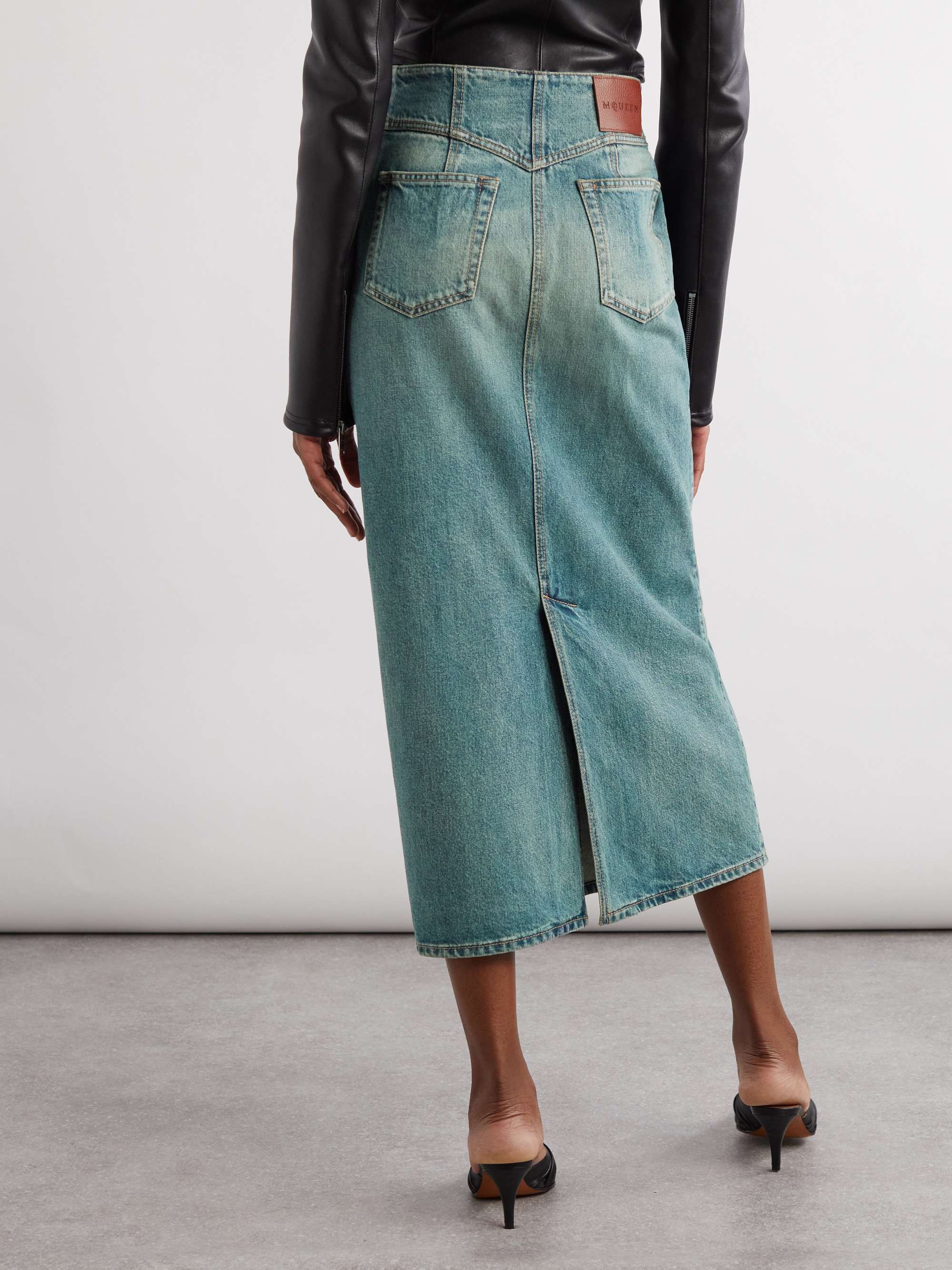 Paneled denim midi skirt view