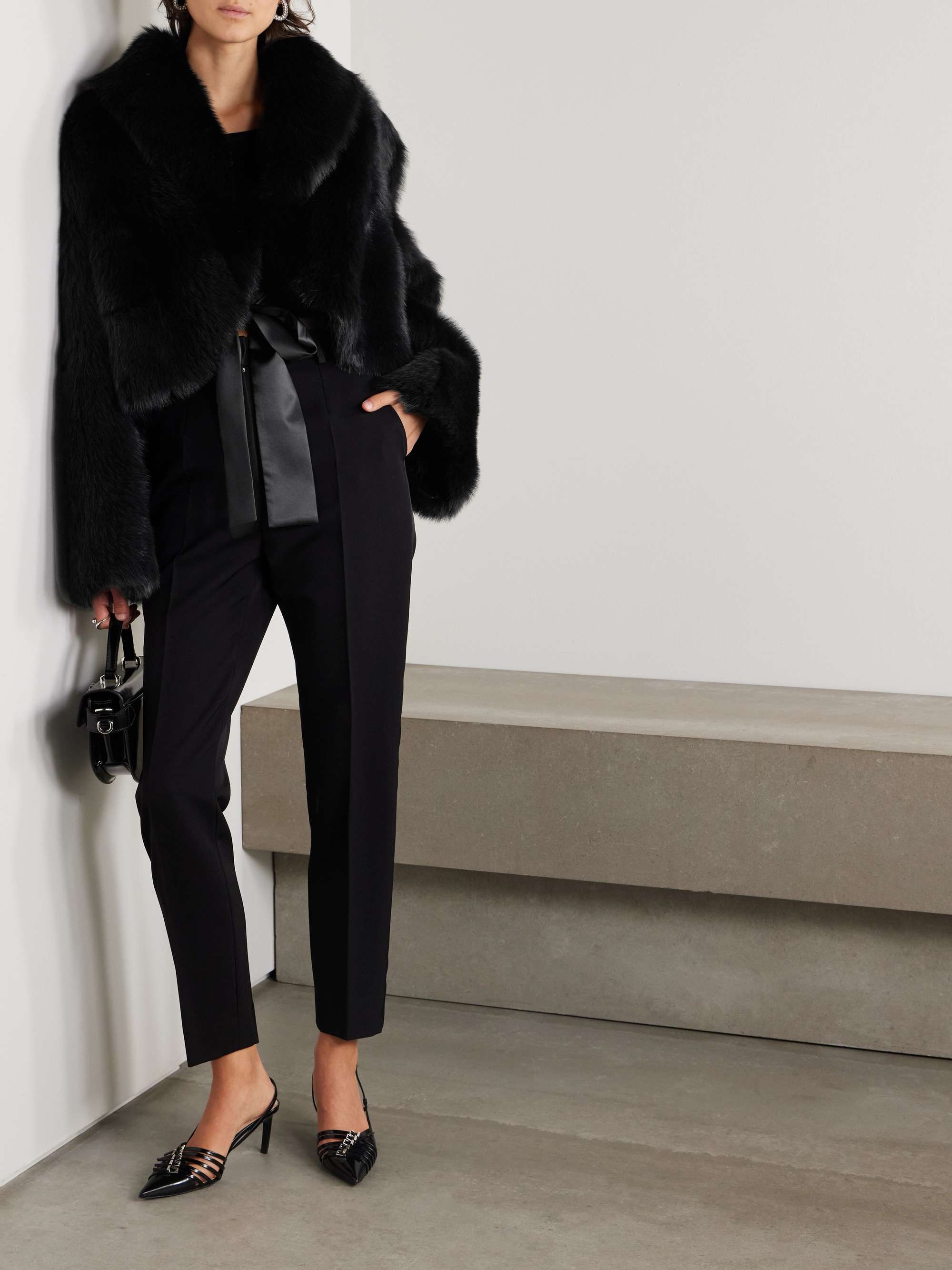 Cropped satin-trimmed shearling jacket view